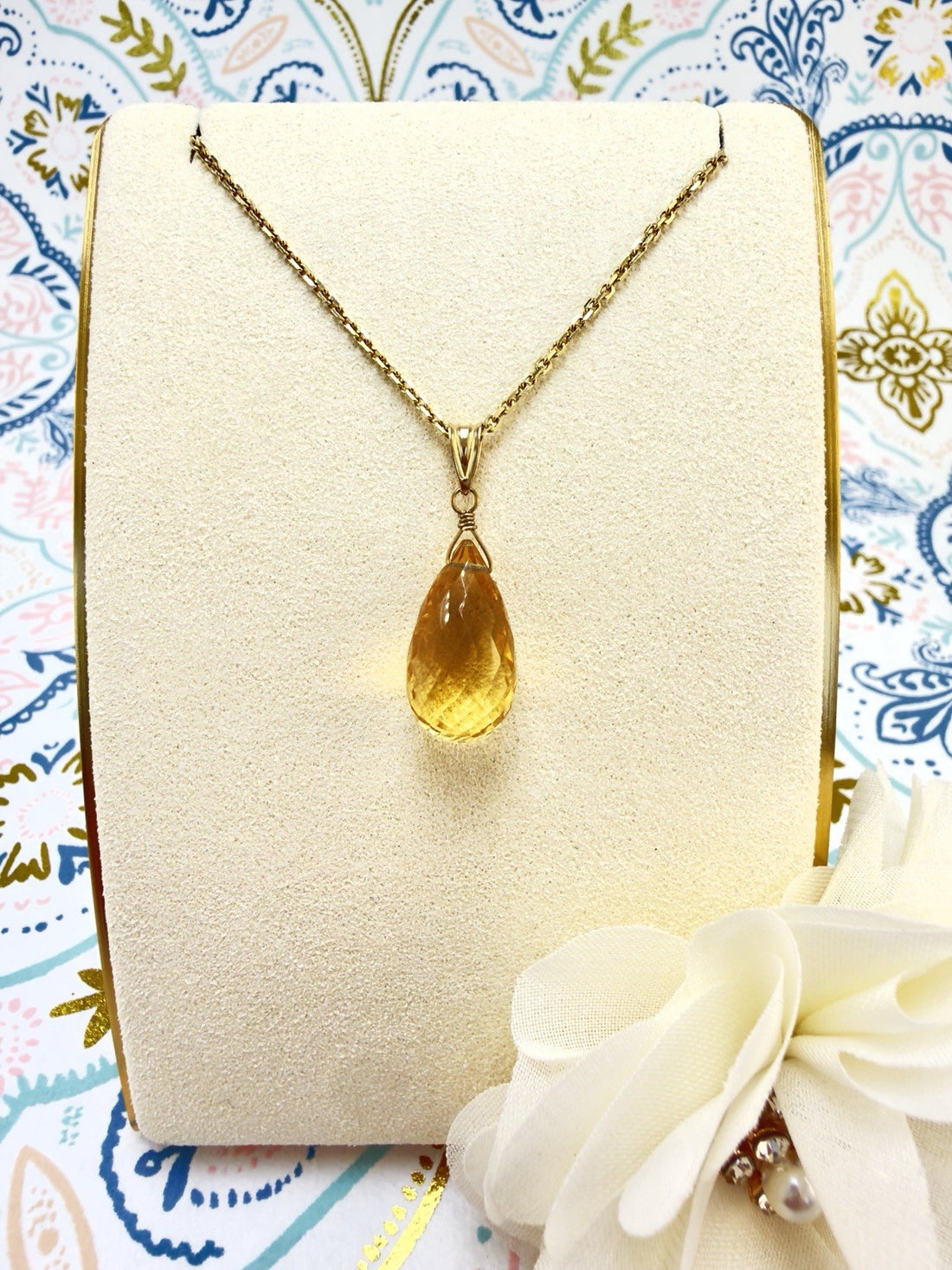 14k Yellow Gold Genuine Citrine Drop Pendant, 1" New