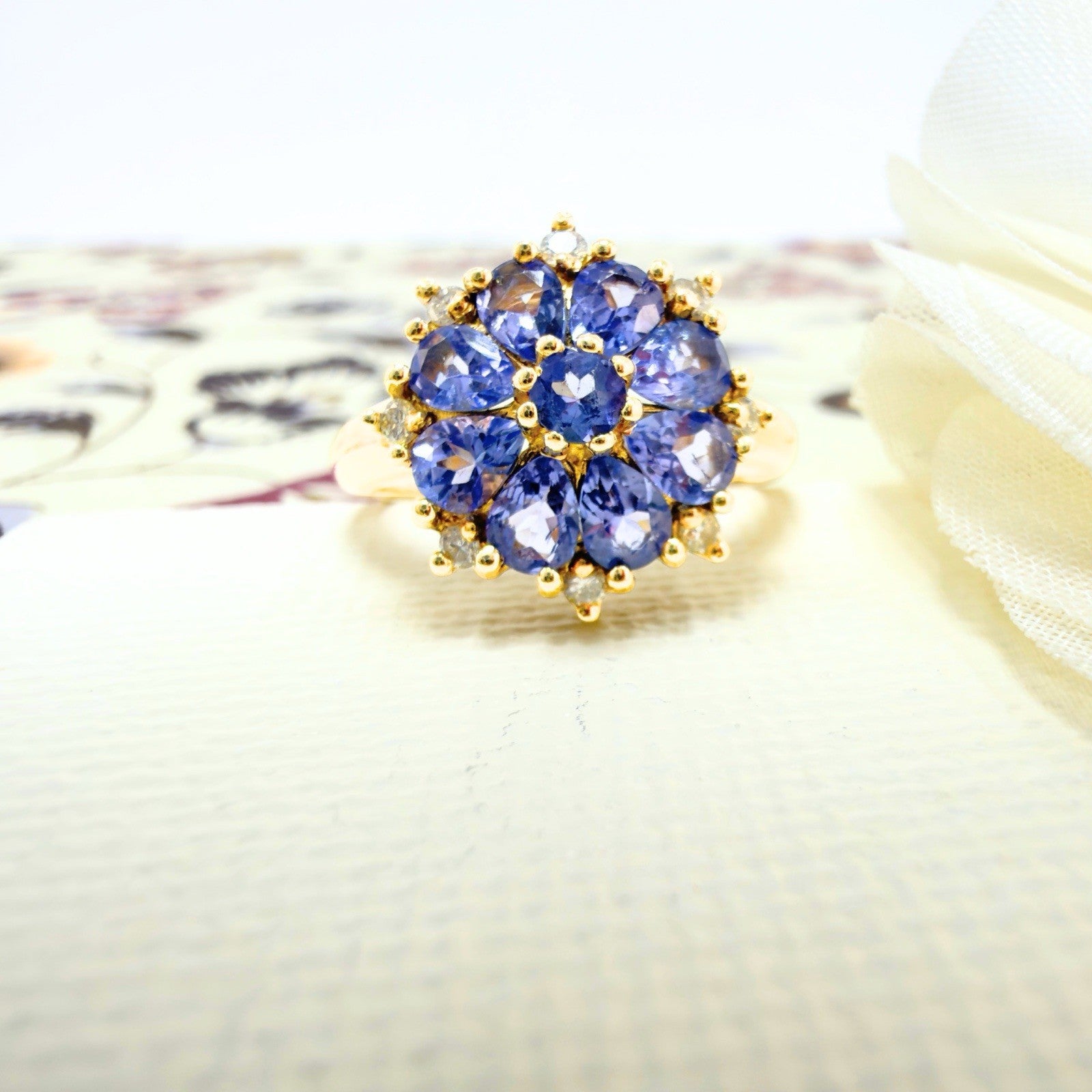 14k Yellow Gold Tanzanite &Diamond Rosette Ring, Size 6