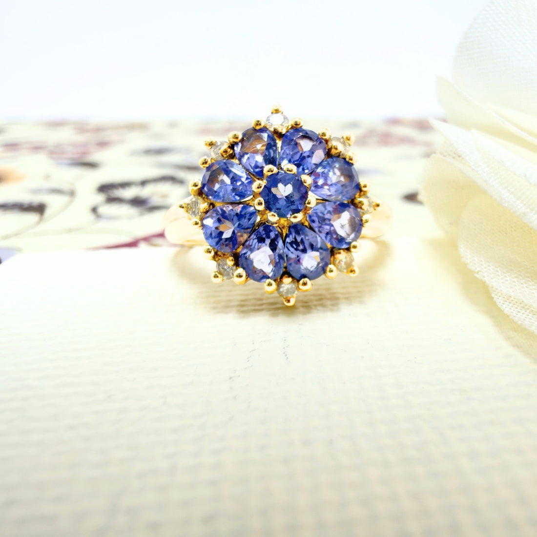 14k Yellow Gold Tanzanite &Diamond Rosette Ring, Size 6