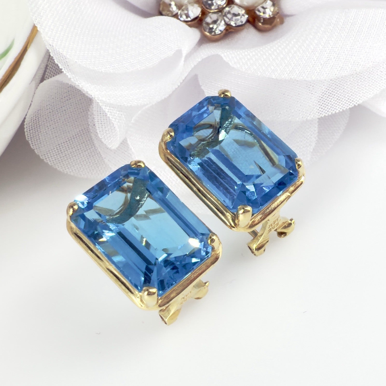 14k Yellow Gold Swiss Blue Topaz Omega Back Earrings, Preowned