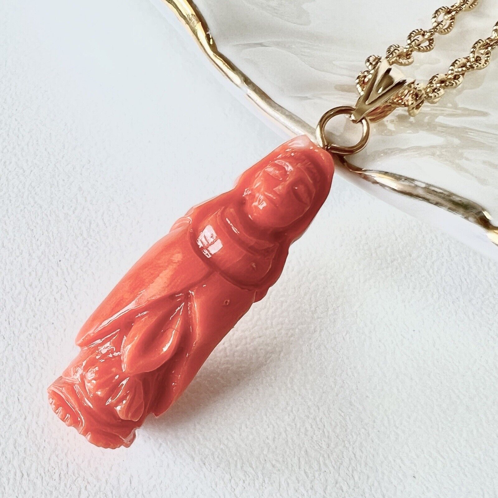 Natural Dark Salmon Guanyin (17ct) Solid 14k Yellow Gold Pedant, New
