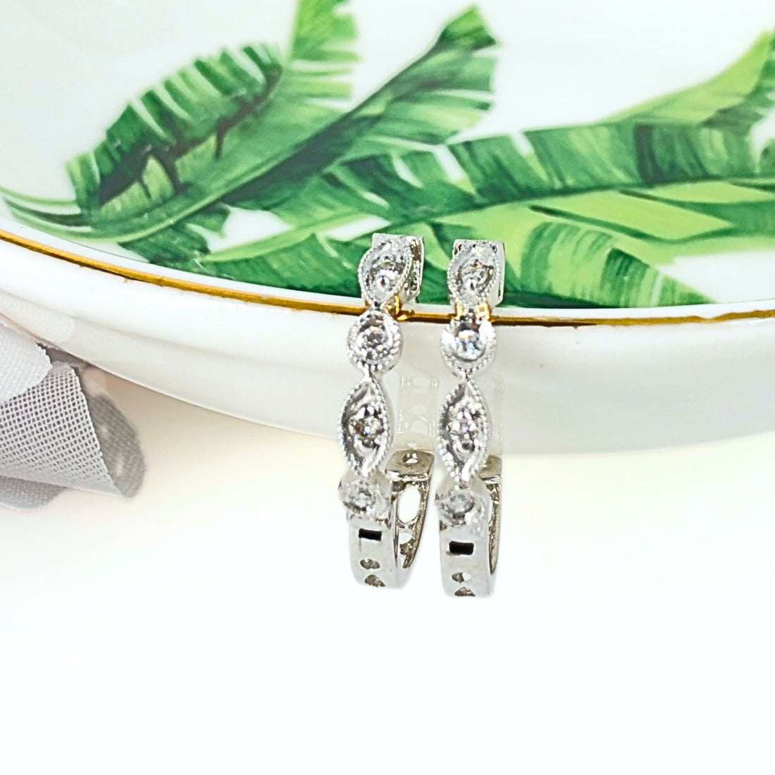 14k White Gold Genuine Diamond Huggie Hoop Earrings, New