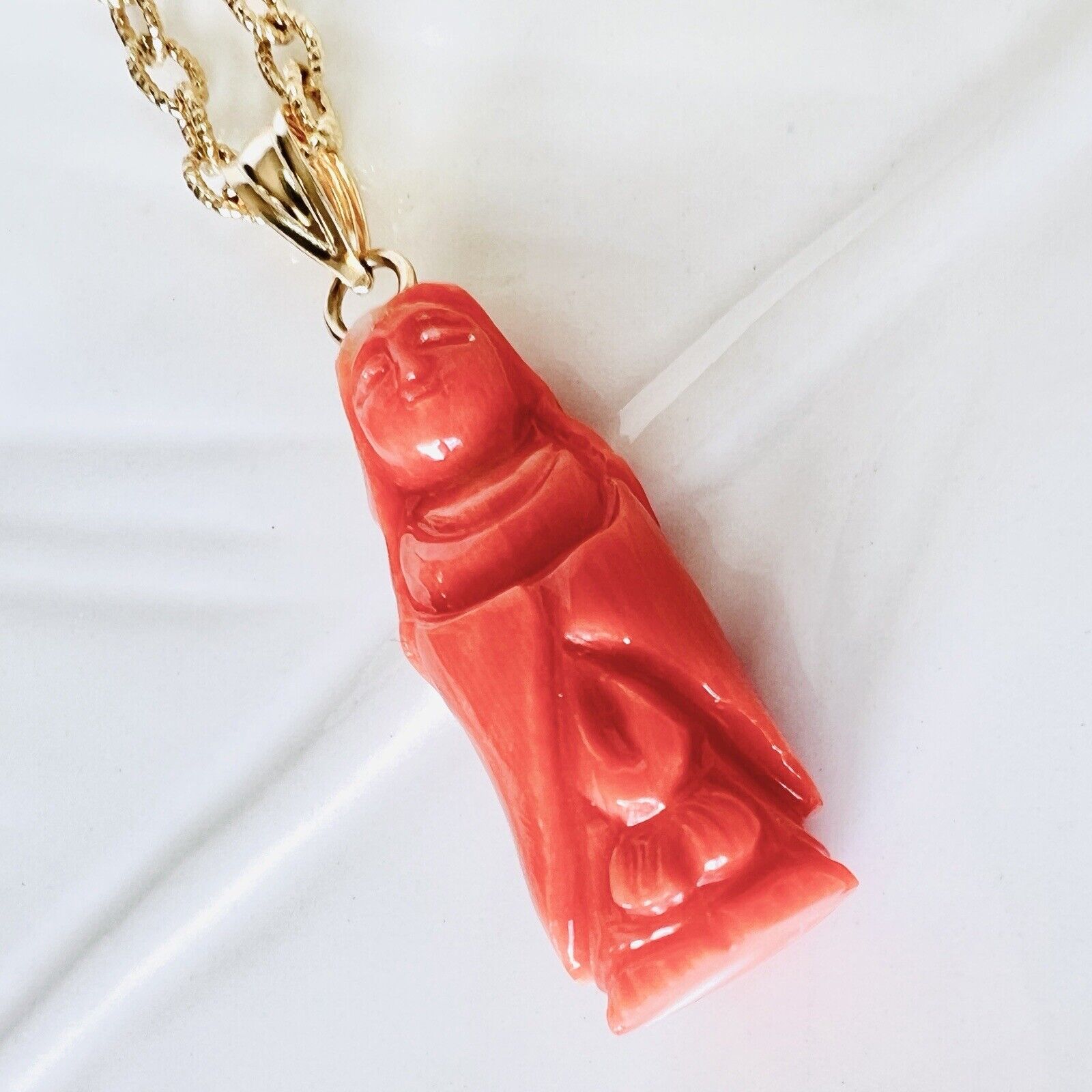 Natural Dark Salmon Guanyin (13.6ct) Solid 14k Yellow Gold Pedant, New