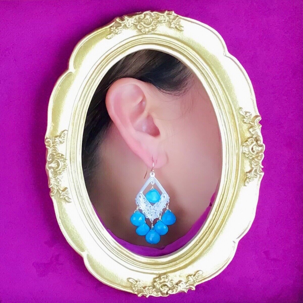 Solid 14k Yellow Gold Natural Turquoise & Mother of Pearl Chandelier Earrings