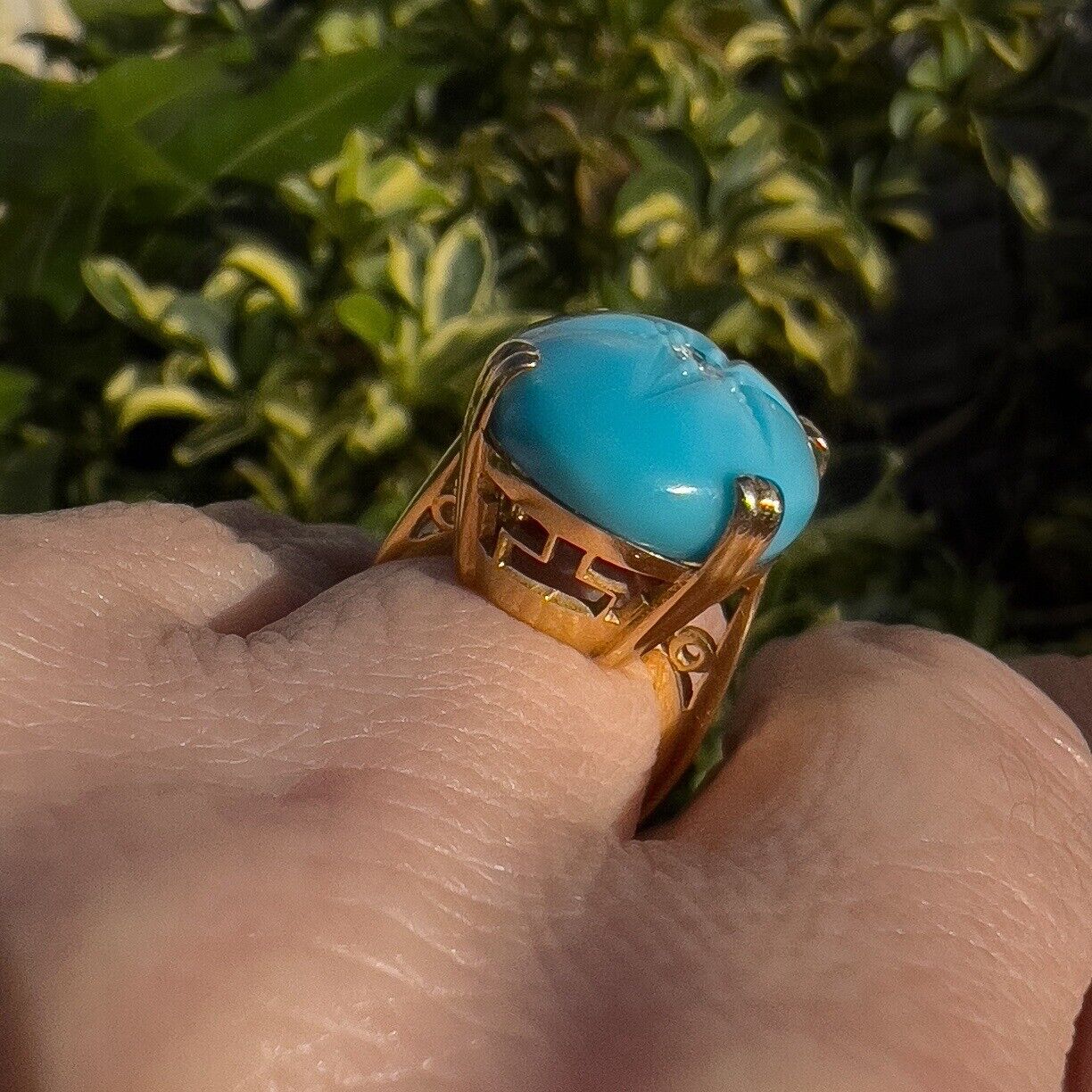 Vintage European 8k Yellow Gold American Turquoise & Diamond Ring, Size 4.75