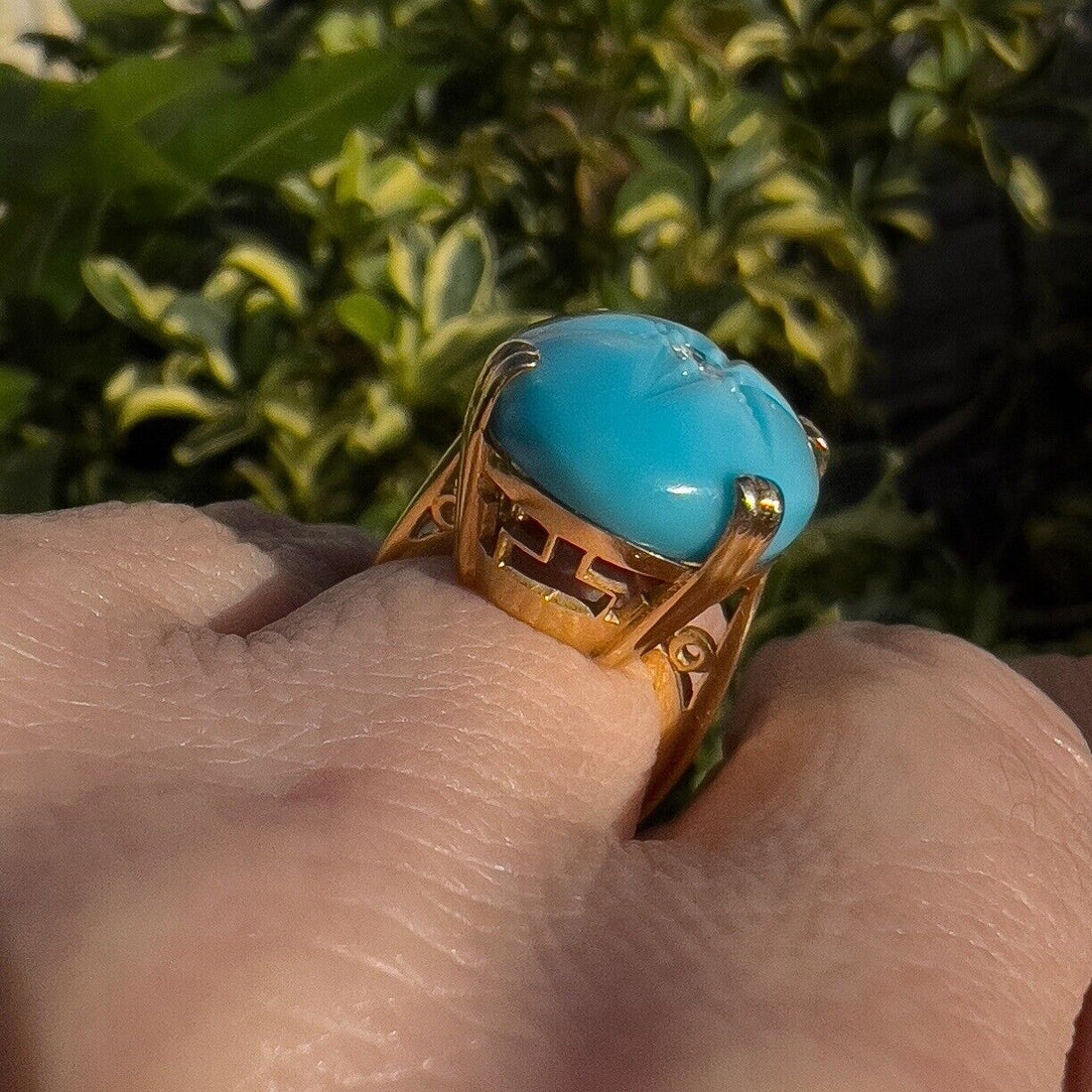 Vintage European 8k Yellow Gold American Turquoise & Diamond Ring, Size 4.75