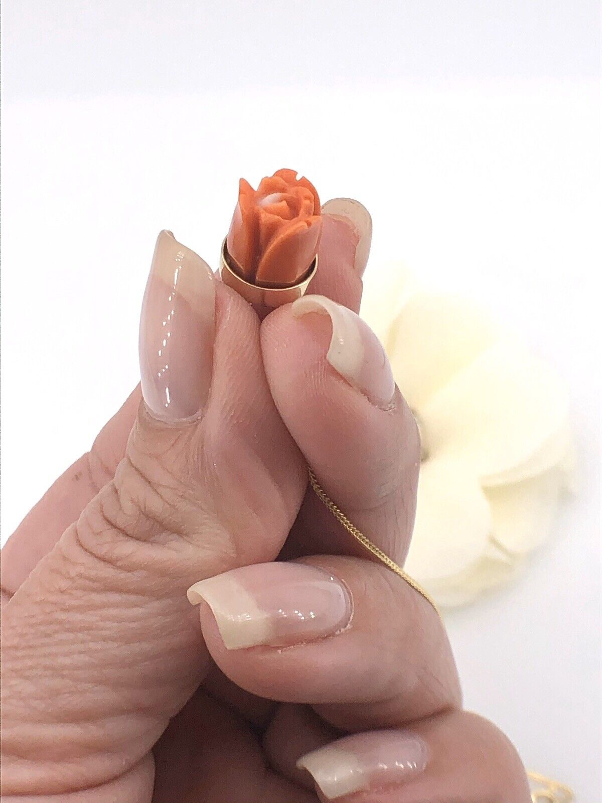 Untreated Salmon Coral Rose Bud 14k Yellow Gold Hand-Made Pendant/Necklace, New