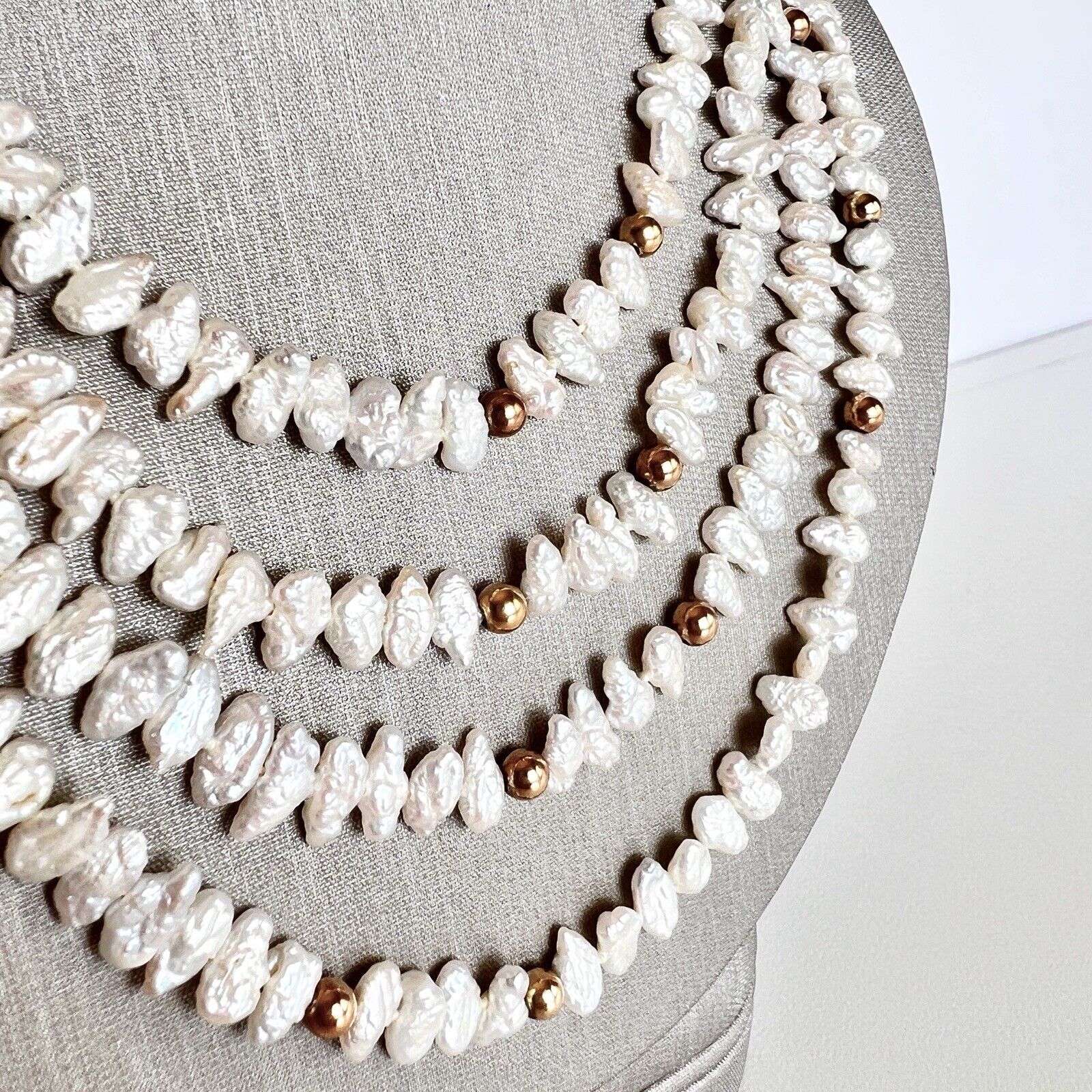 Vintage Unique 72” Freshwater Pearls & Solid 14k Yellow Gold Beaded Endless Neck