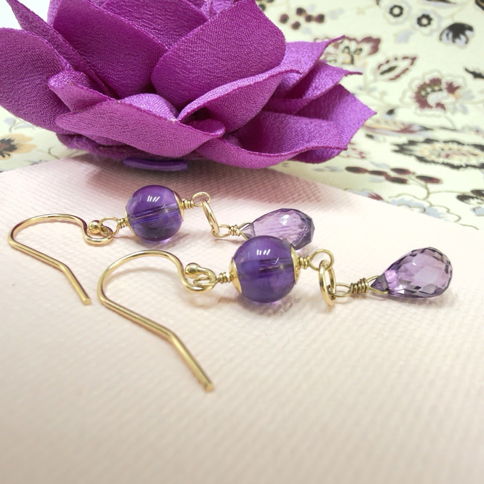 14k Yellow Gold Genuine Amethyst Drop/Dangle Earrings, Newly Handcrafted, 1.5"