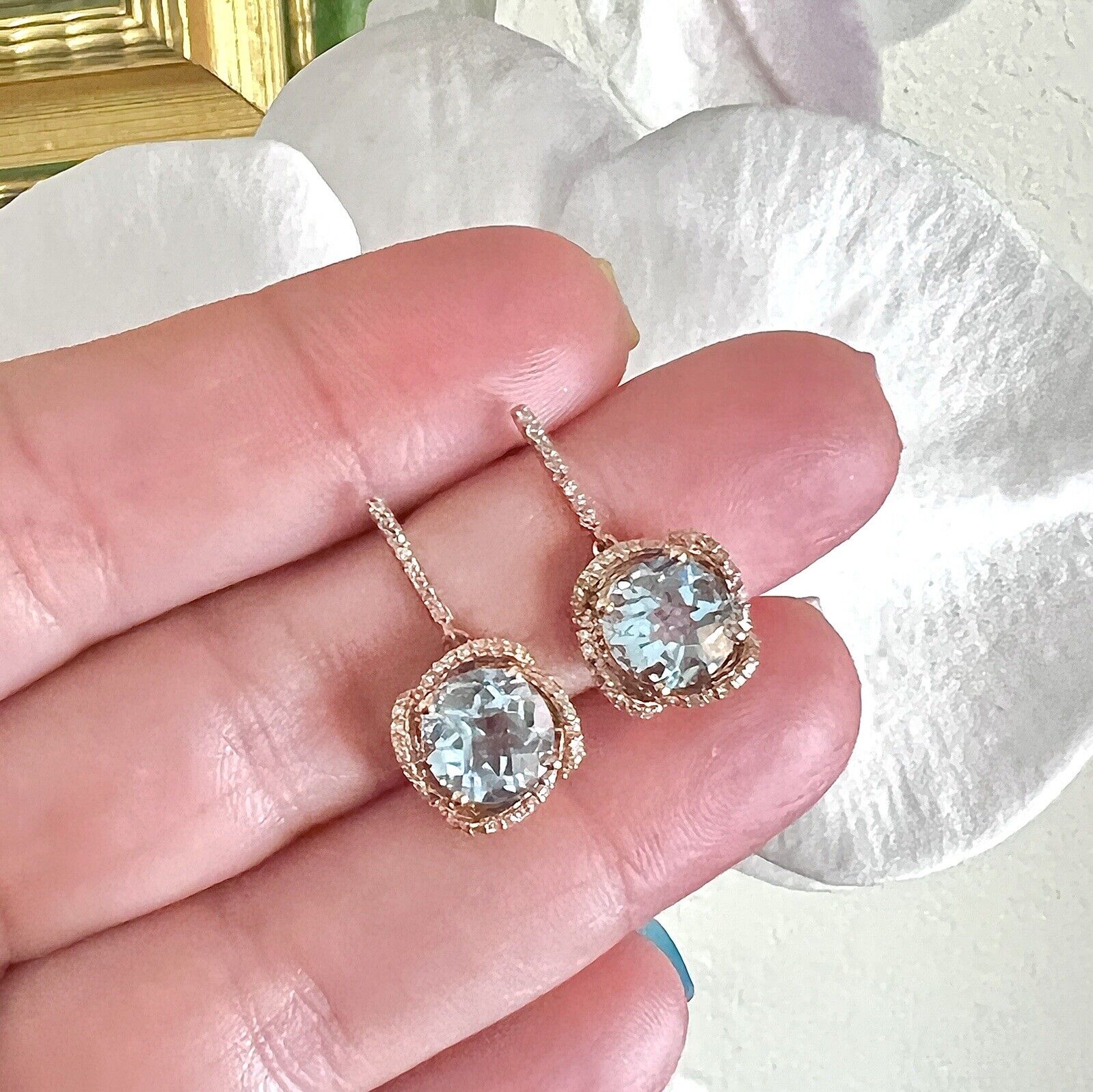 Solid 10k Rose Gold Genuine Blue Topaz (4.40ct) Diamond Dangle/Drop Earrings/New