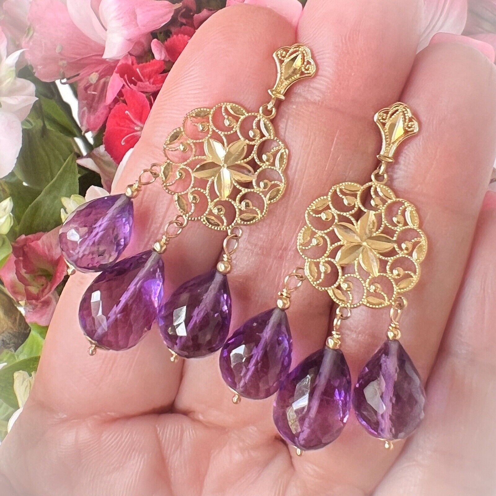 Solid 14k Yellow Gold Genuine Amethyst Briolette Chandelier Earrings, New