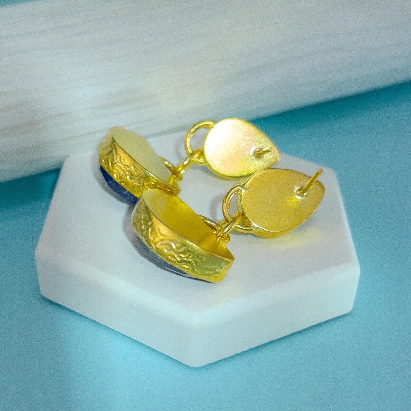 Etruscan Revival Genuine Green Chalcedony & Lapis Lazuli GP Dangle/Drop Earrings