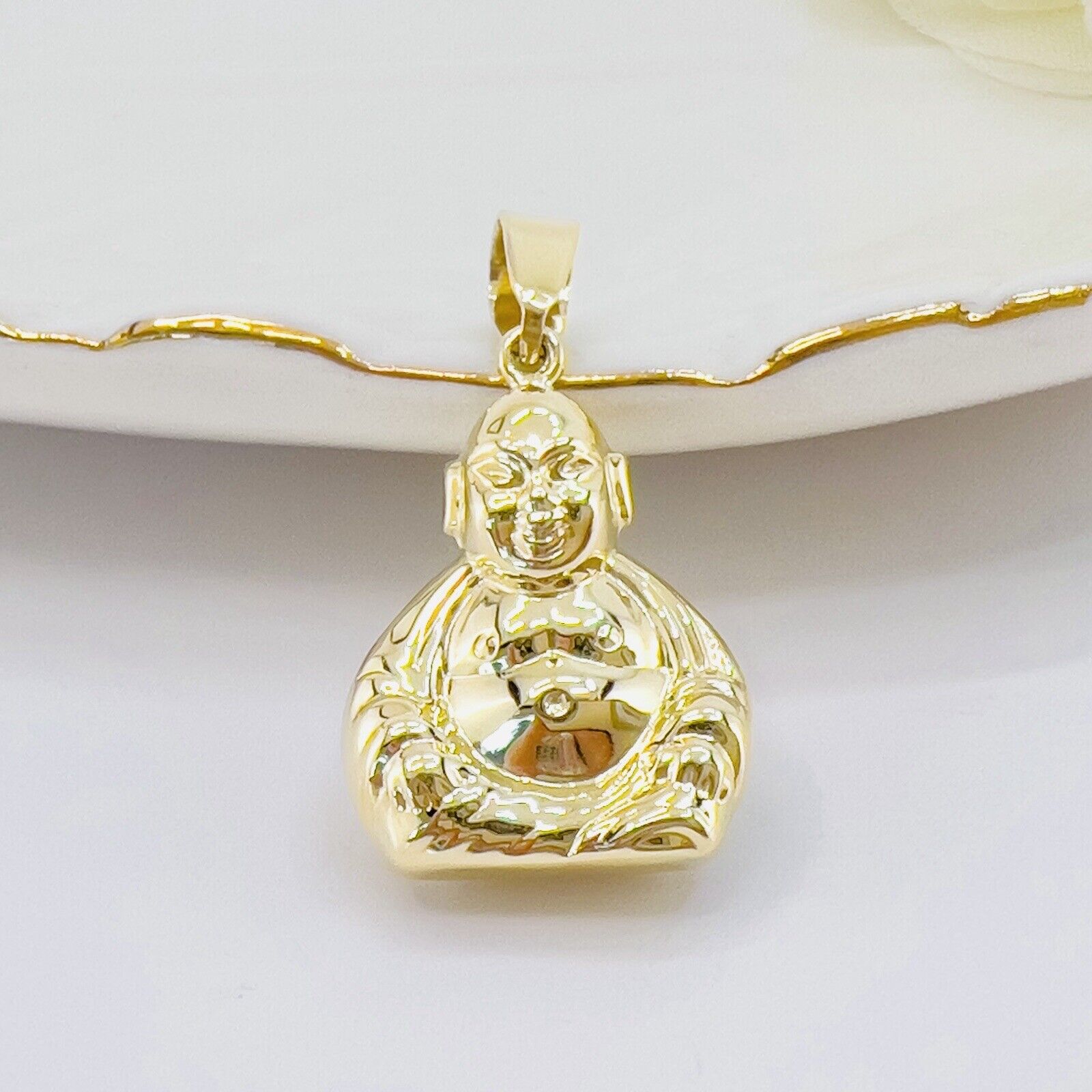 14k Yellow Gold Puffy 3-D Buddha Pendant, New, 1.20"