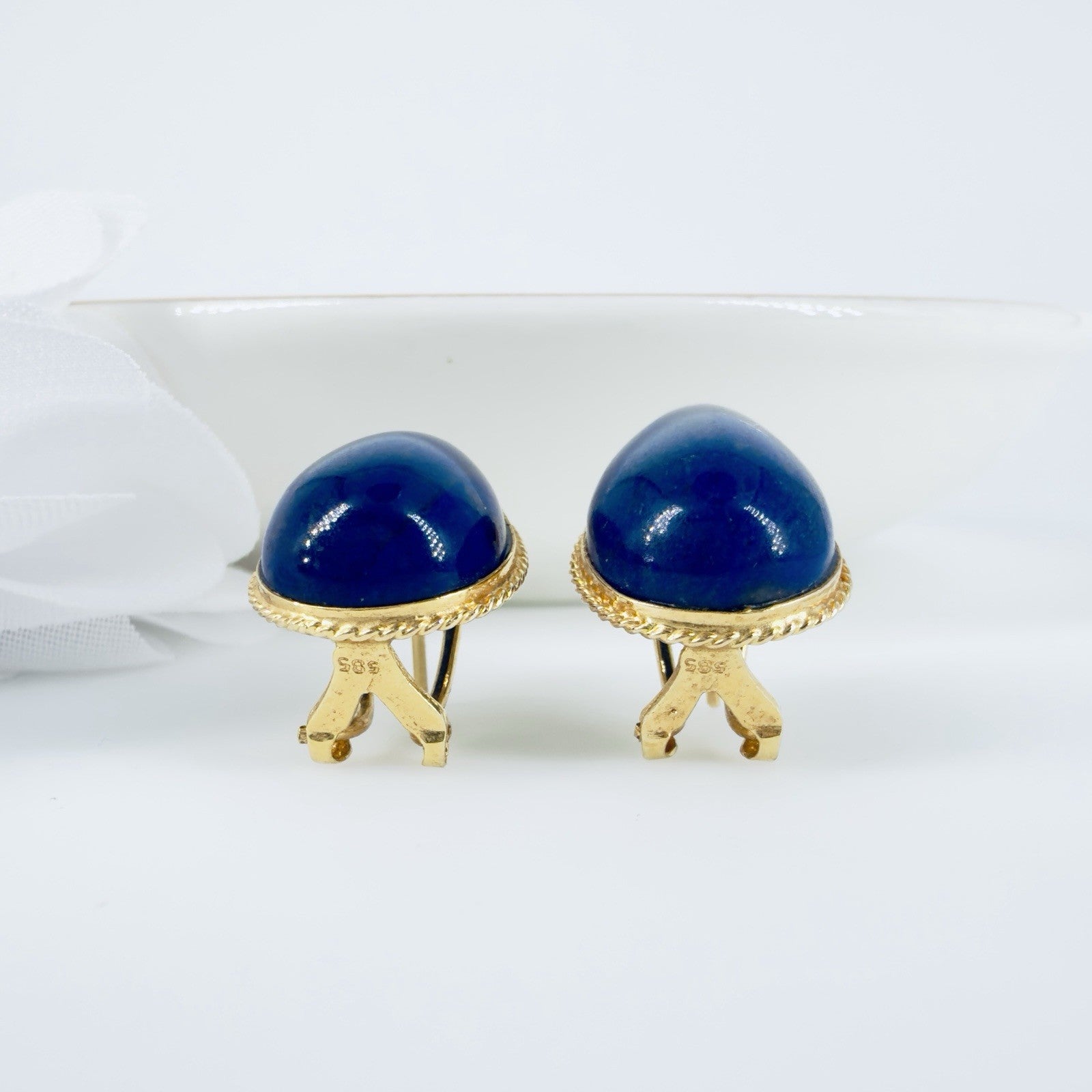 14k Yellow Gold Dark Blue Lapis Lazuli Omega Back Earrings, Preowned