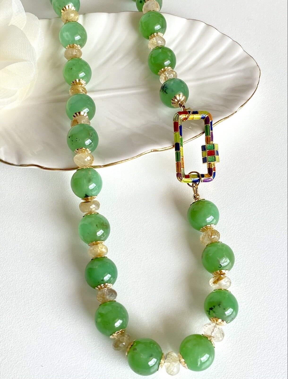 Natural Chrysoprase & Rutilated Quartz 14K GF Necklace, New, 24.75"