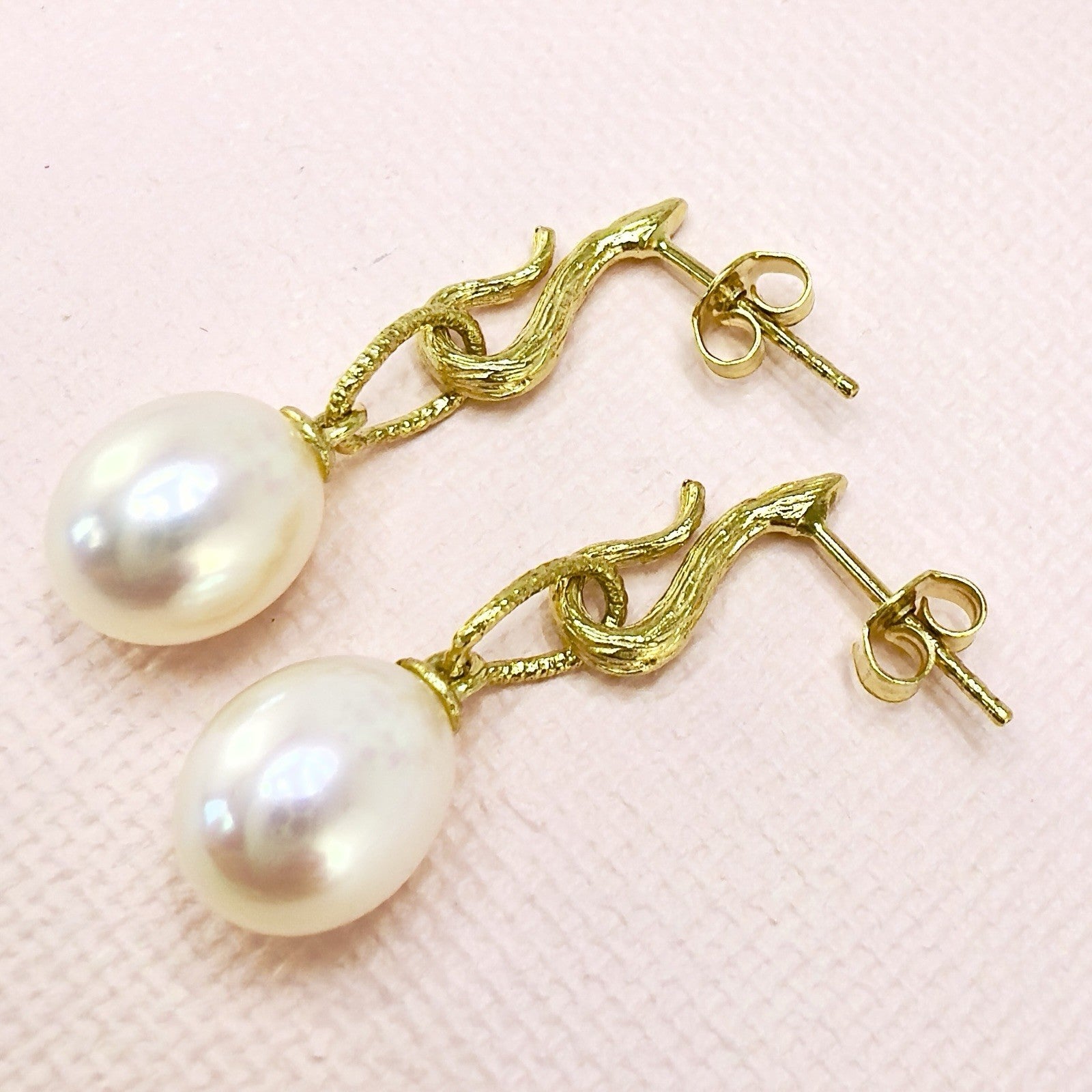 14k Yellow Gold Genuine Pearl Dangle Modernist Earrings, New