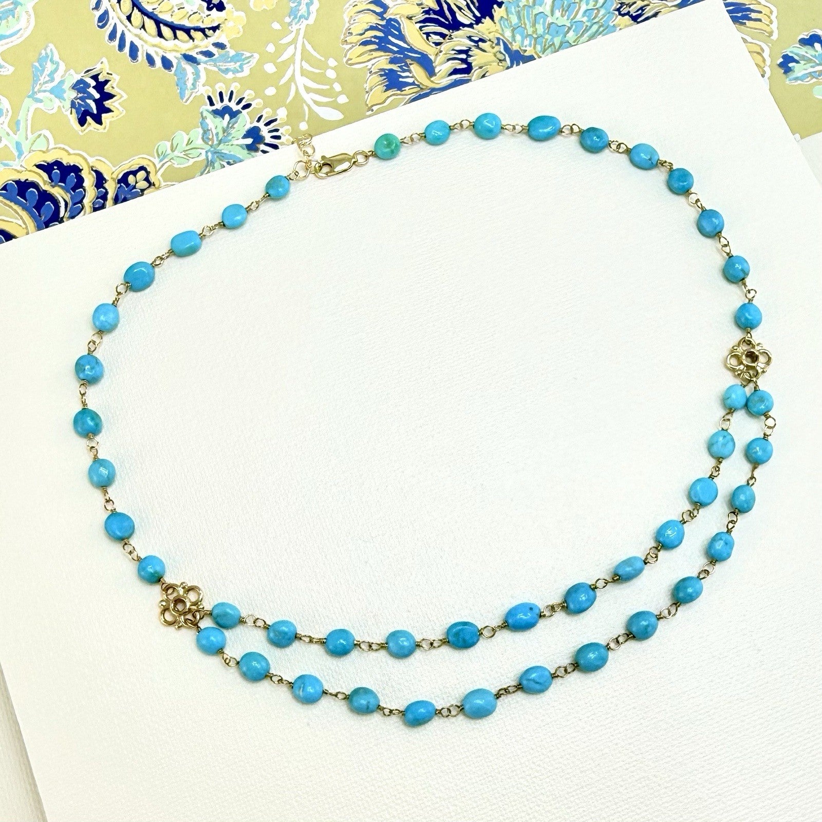 14k Yellow Gold Genuine Sleeping Beauty Turquoise Handcrafted Necklace, 16.5-18"