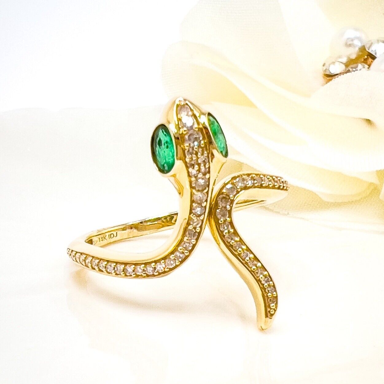 🐍Genuine Emerald & Diamond 14k Yellow Gold Snake Ring, New, Size7.5