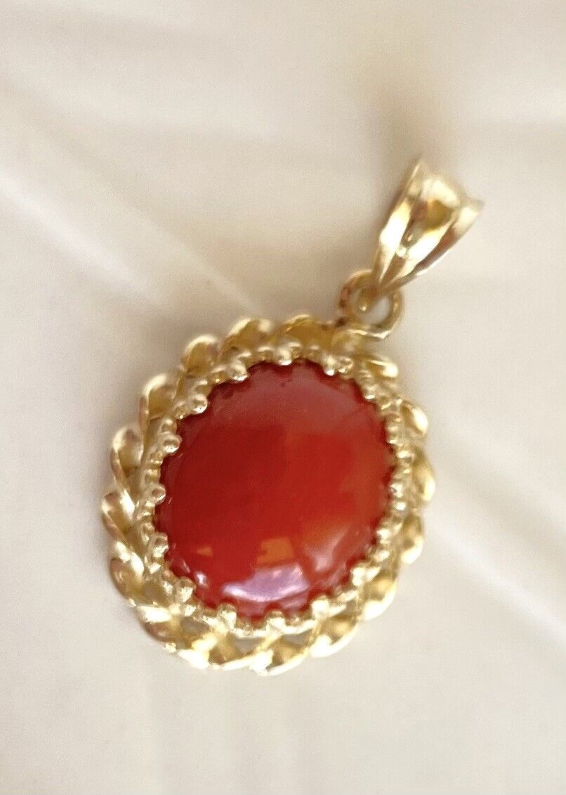 Lg Untreated Mediterranean Red Coral &14k Yellow Gold Handcrafted Pendant, New