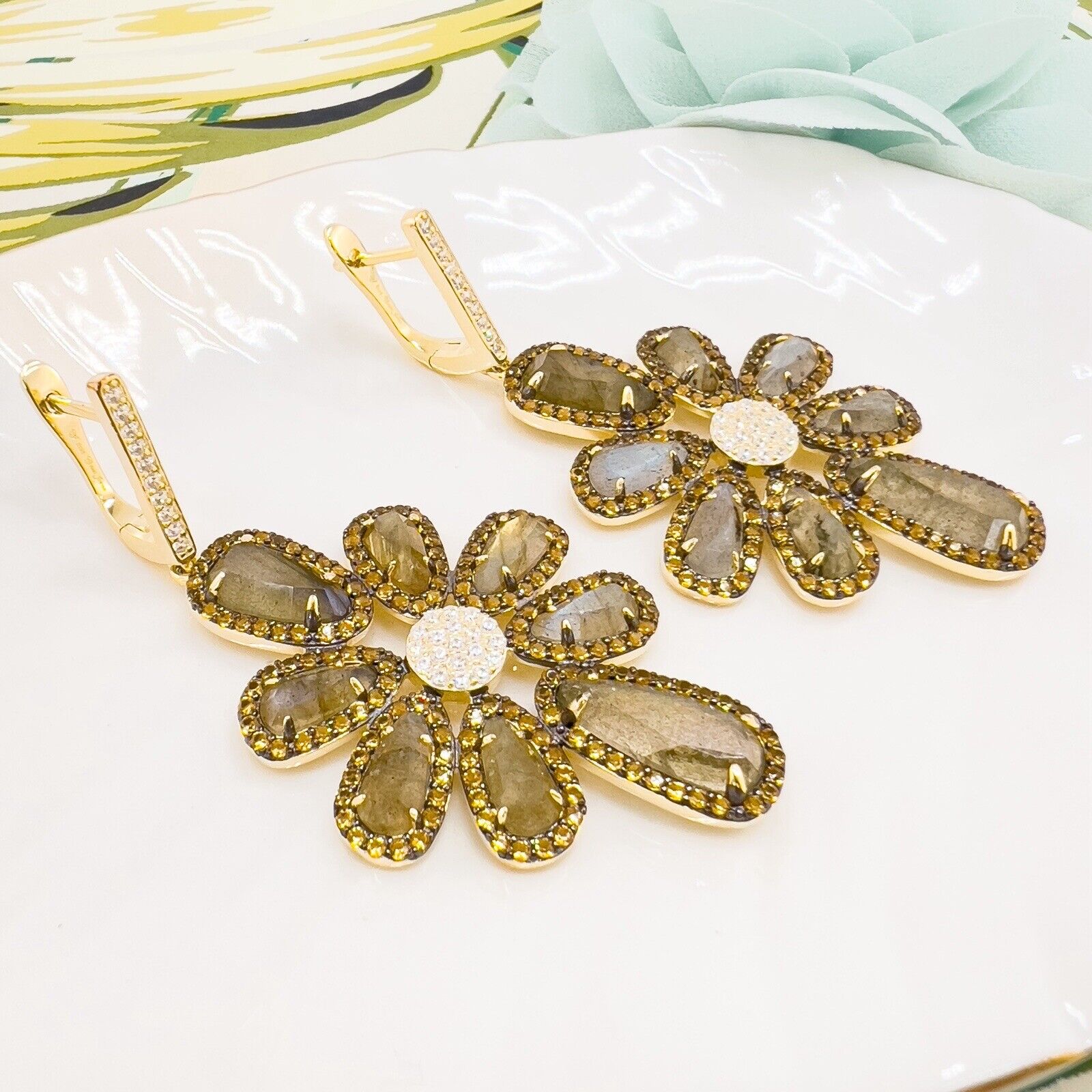 Genuine Labradorite Citrine & Cz Sterling Silver Vermeil Statement Earrings, New