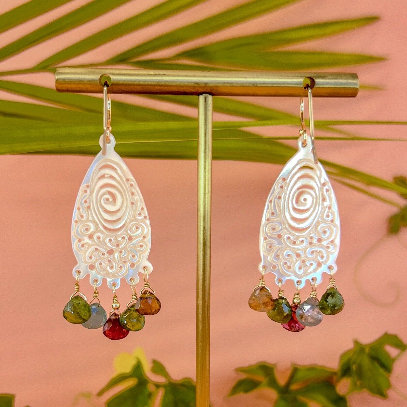 Solid 14k Yellow Gold Natural Tourmaline & Mother of Pearl Chandelier Earrings,