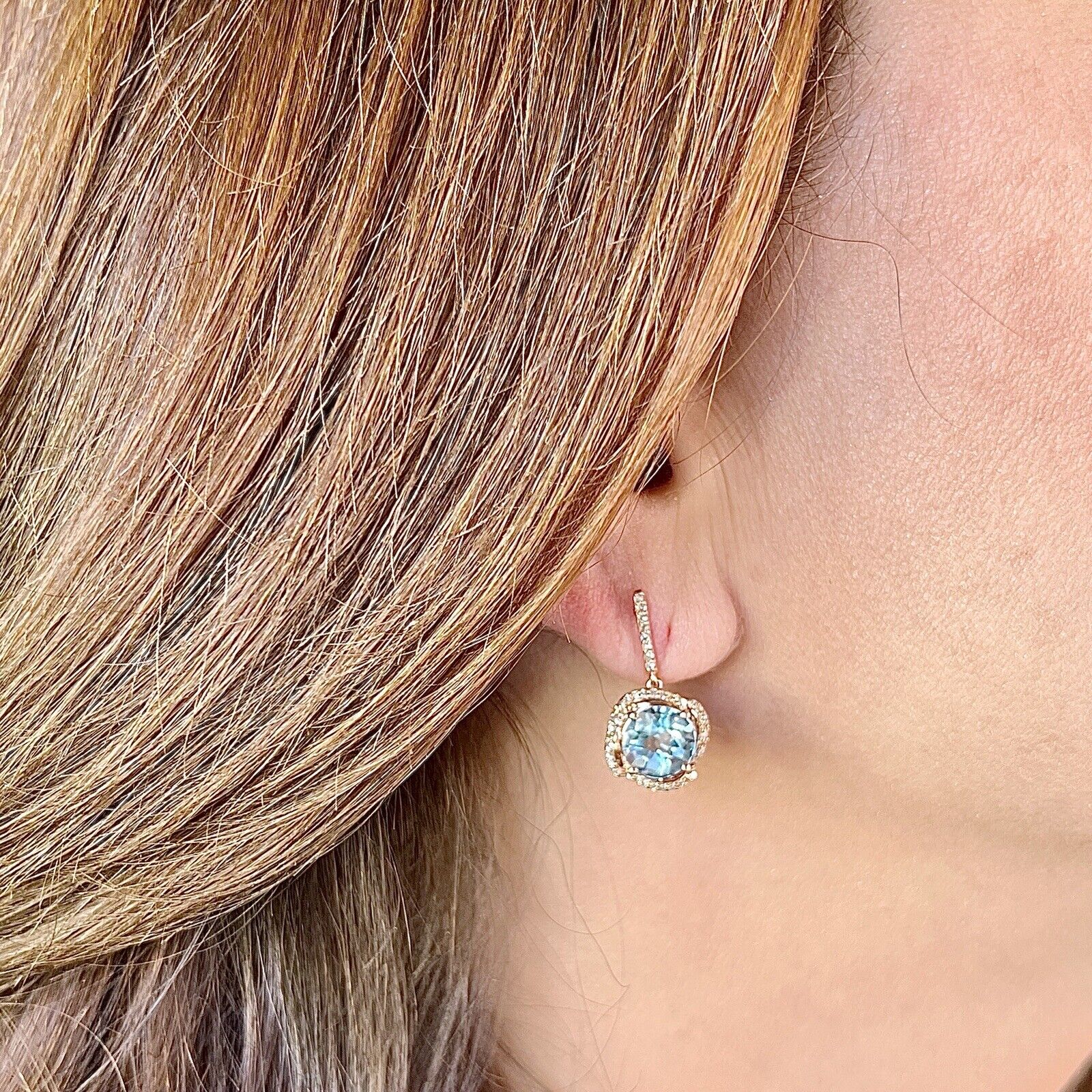 Solid 10k Rose Gold Genuine Blue Topaz (4.40ct) Diamond Dangle/Drop Earrings/New