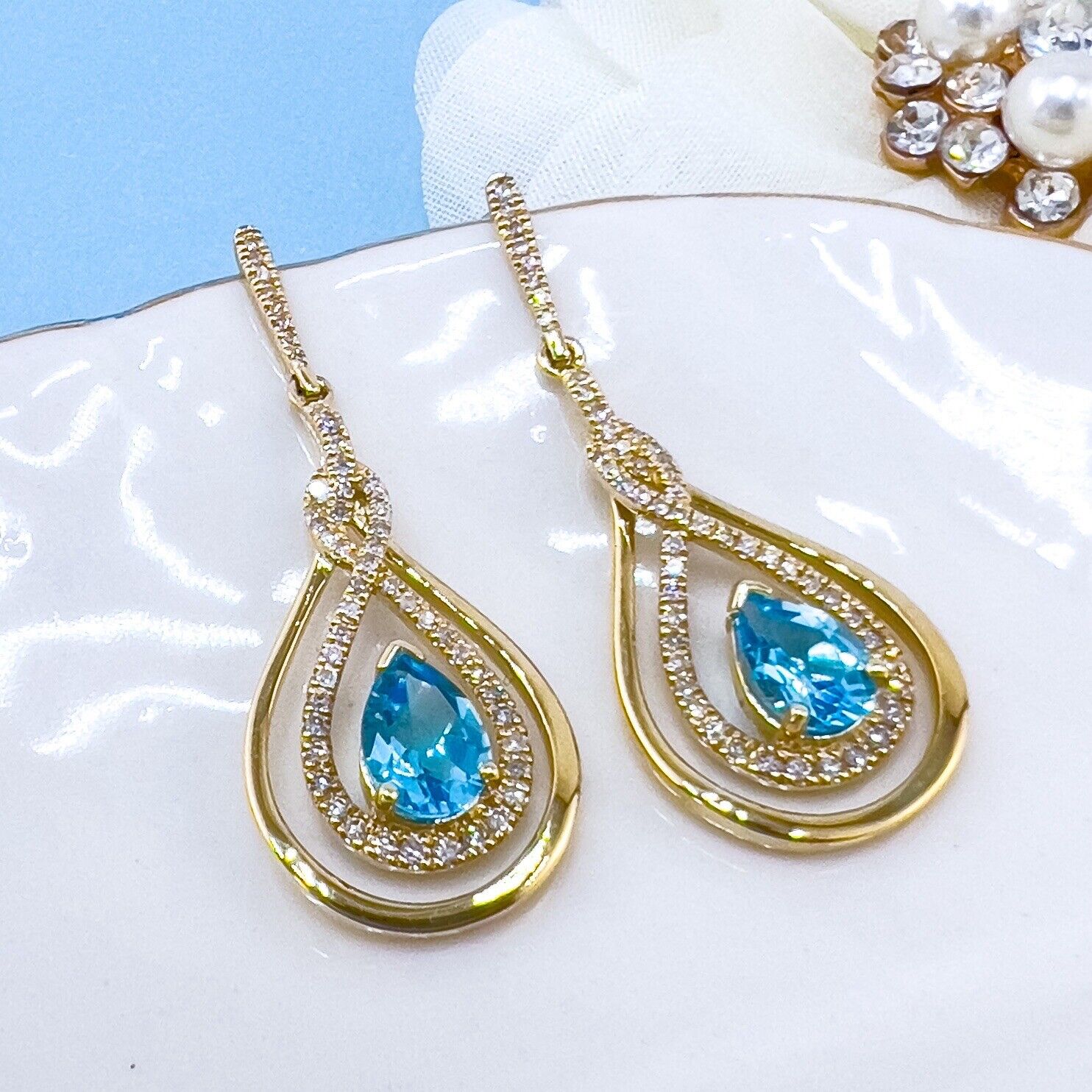 Genuine Swiss Blue Topaz & Diamond 10k Yellow Gold Dangle/Drop Earrings, New