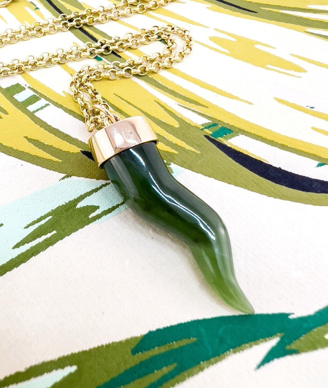 14k Yellow Gold Nephrite Jade Cornicello Horn Pendant, New, 1.68"