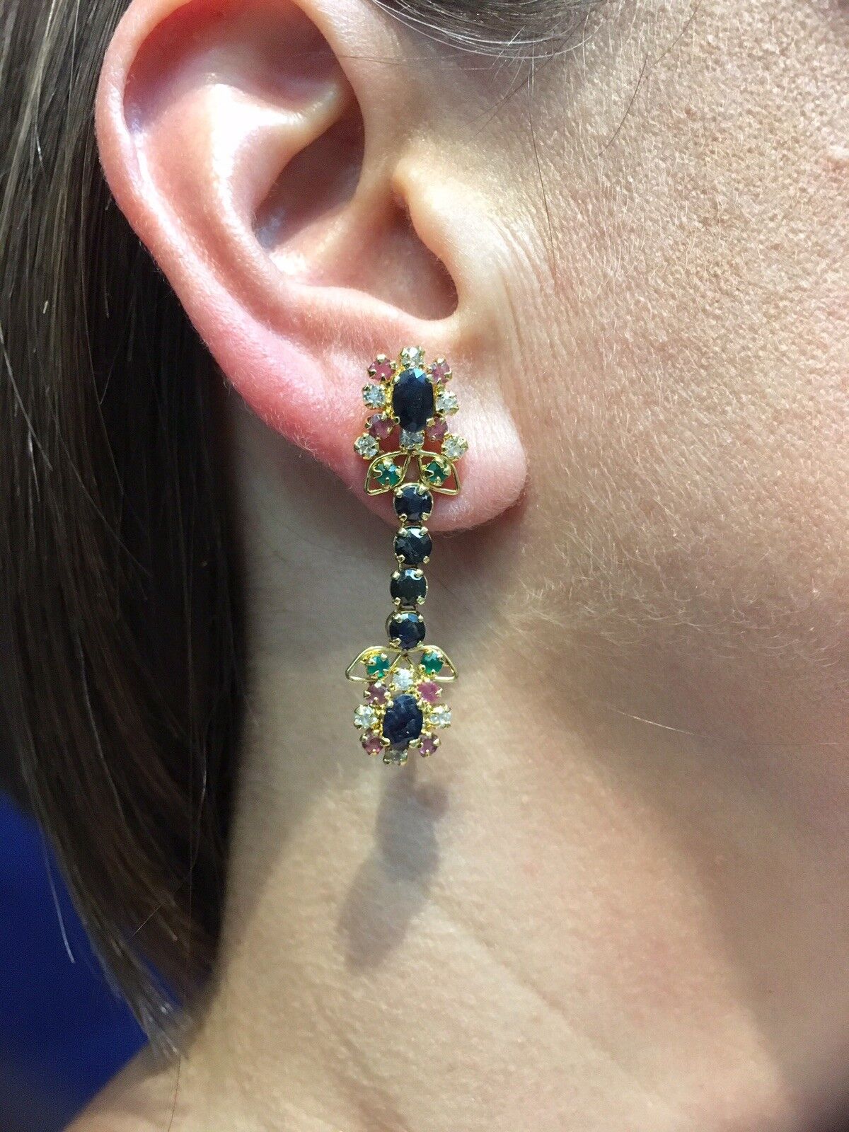 Beautiful Genuine Gem(6ct) Floral Design 14kt HGPlated Dangle/Drop Earrings, New