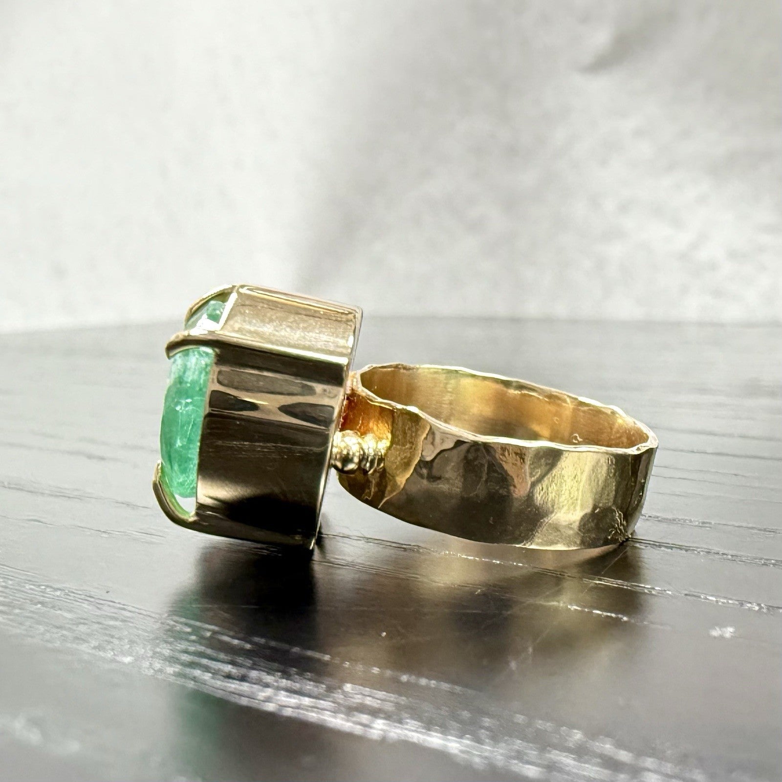 14k Yellow Gold Genuine Emerald & Pink Tourmaline Modernist Ring, New Size 6.5