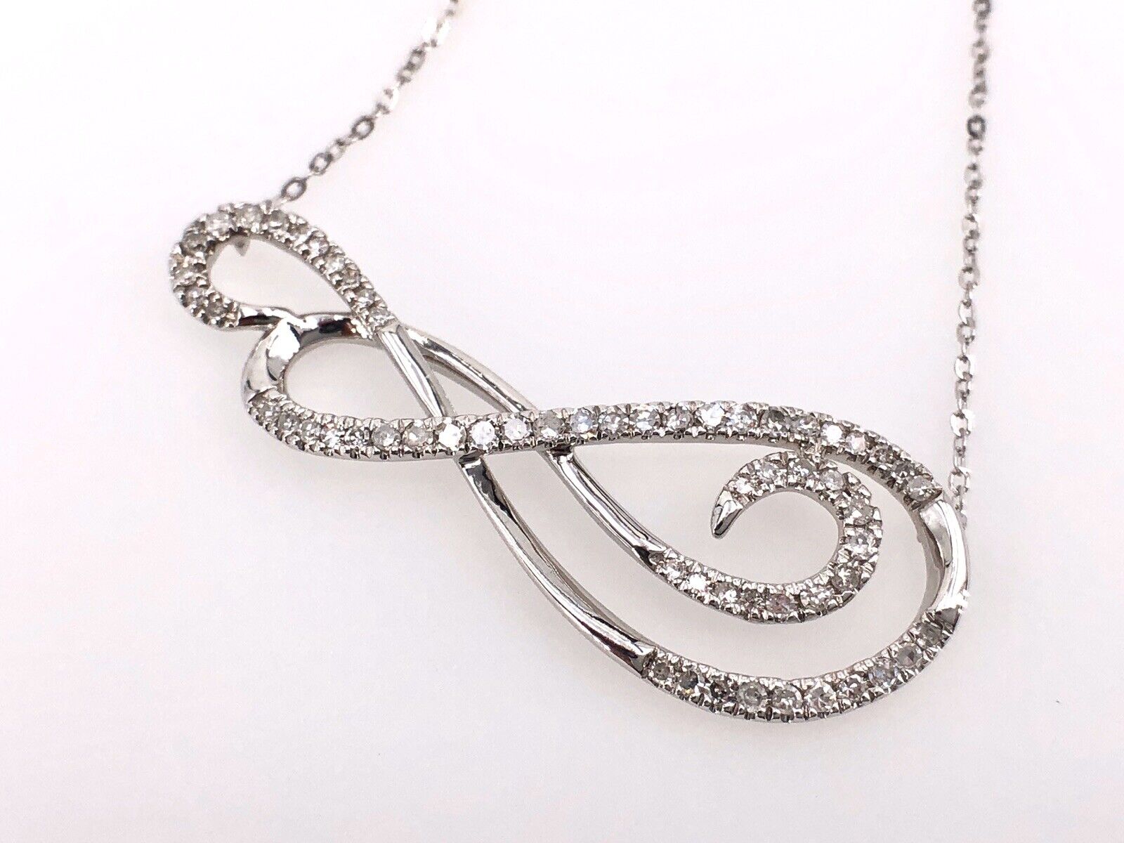 Gorgeous 14k White Gold & Diamond Swirl Design Necklace Chain, 17", New