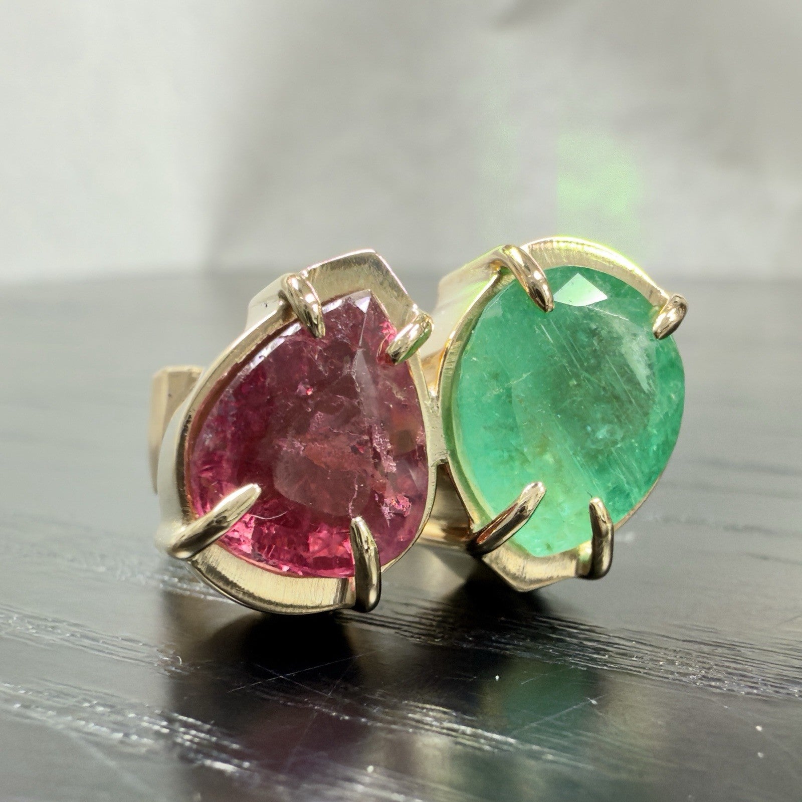 14k Yellow Gold Genuine Emerald & Pink Tourmaline Modernist Ring, New Size 6.5