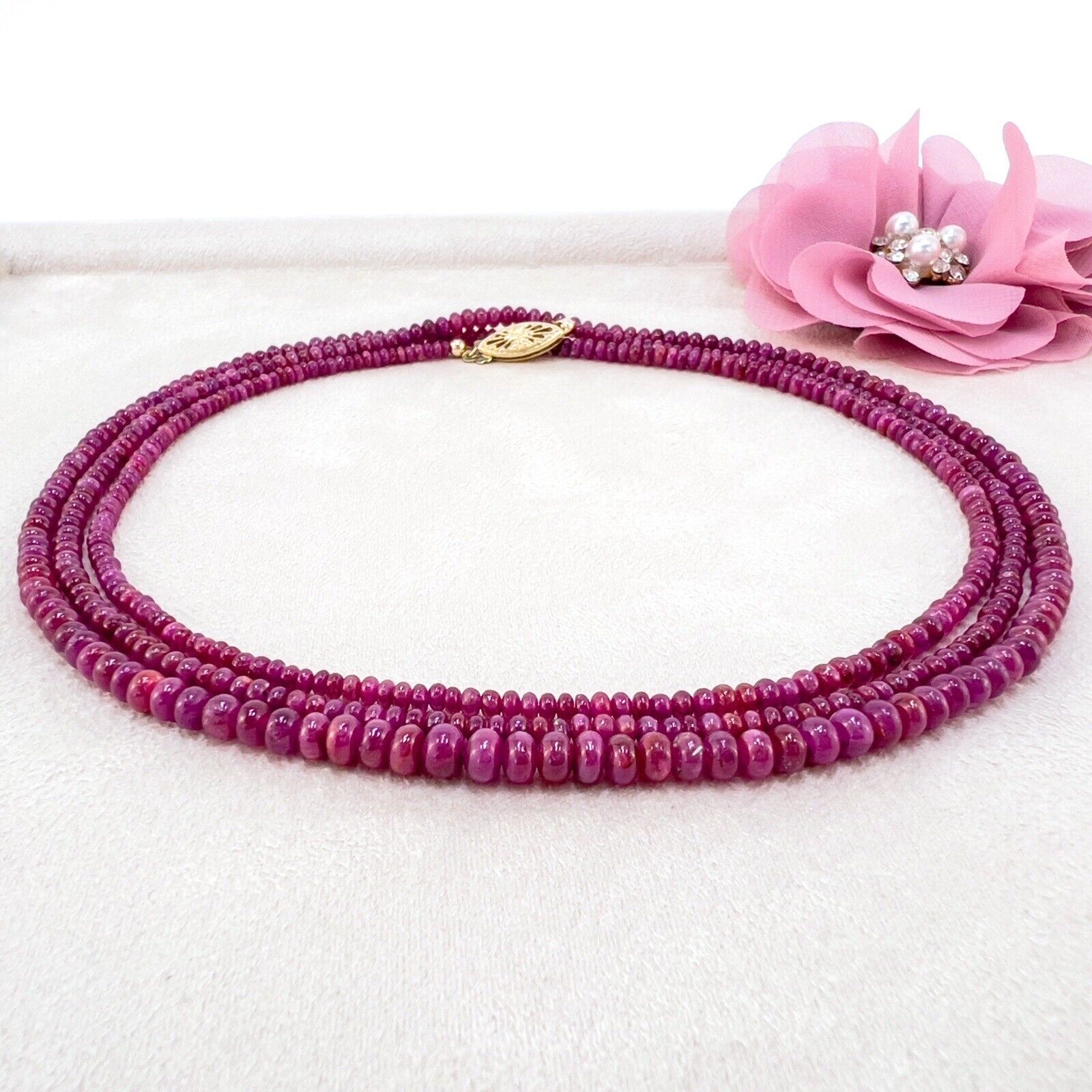 Natural Ruby Smooth Rondelle 14K Yellow Gold Necklace, New 43"