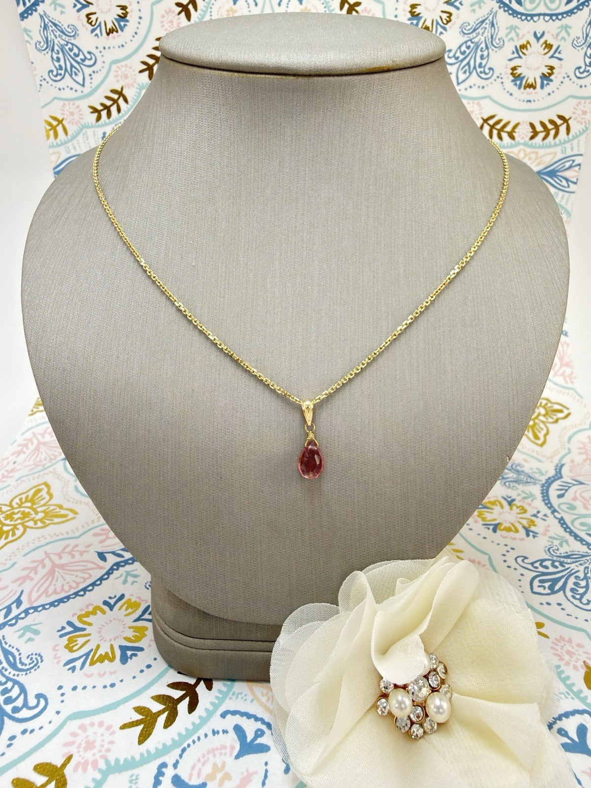 14k Yellow Gold Genuine Pink Tourmaline Drop Pendant, 0.75" New