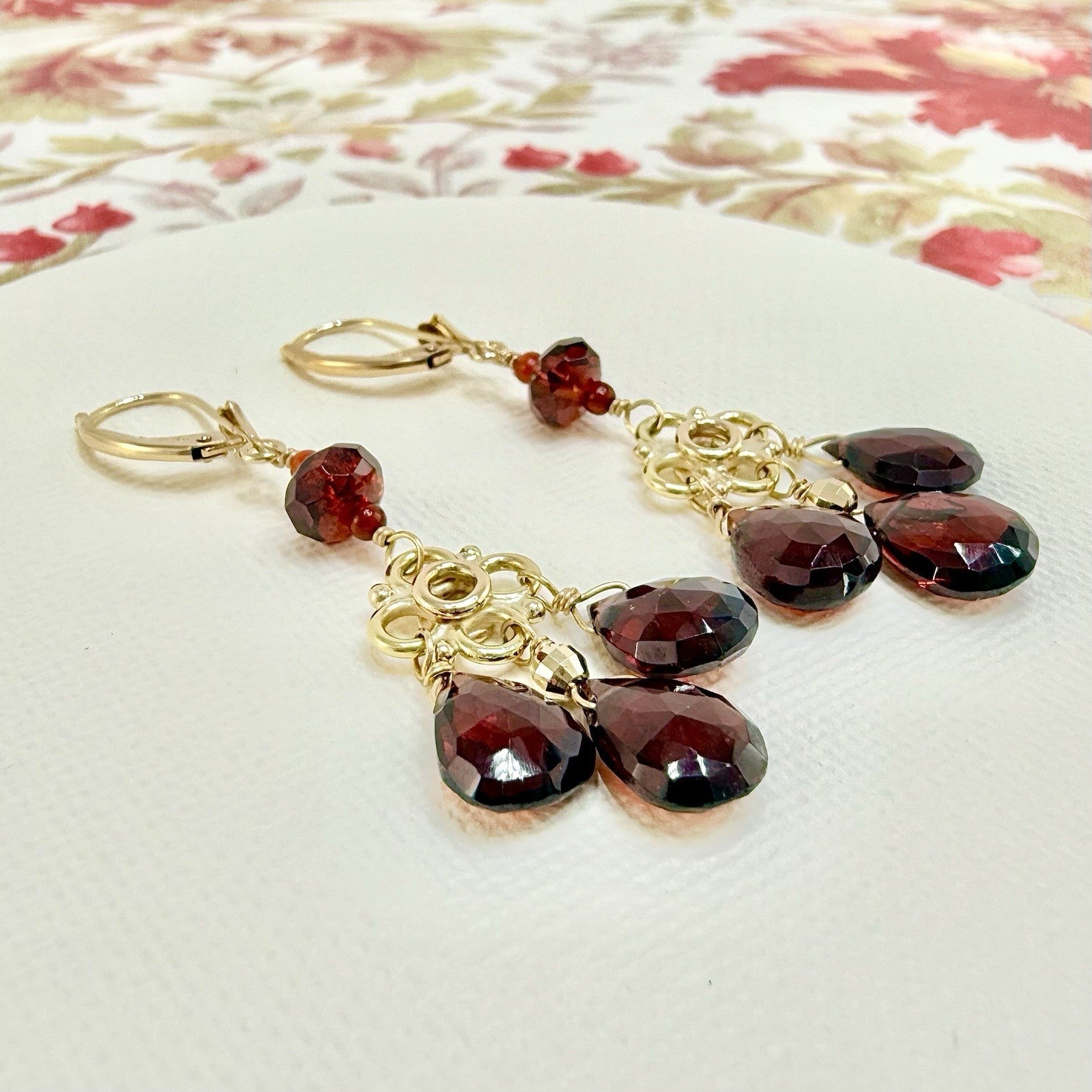 14k Yellow Gold Genuine Garnet Chandelier Dangle/Drop Earrings, New, 2.10" Long