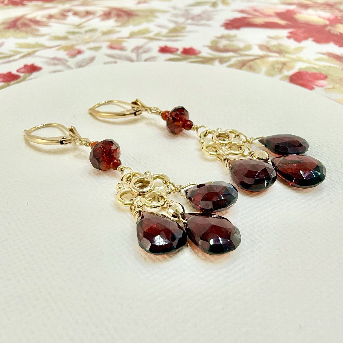 14k Yellow Gold Genuine Garnet Chandelier Dangle/Drop Earrings, New, 2.10" Long