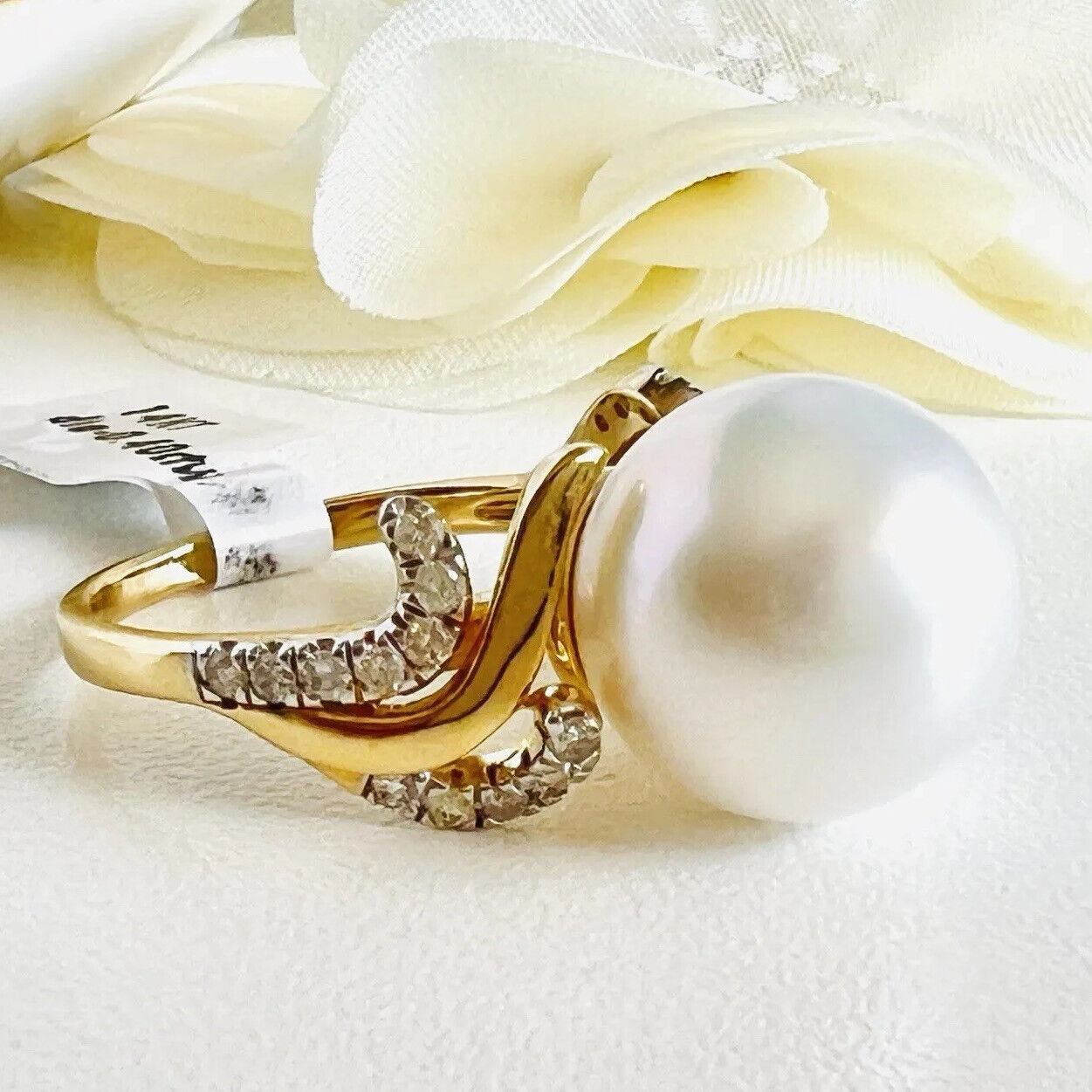 Solid 14k Yellow Gold Genuine 13.3mm Pearl & Diamond Ring, Size 7 New