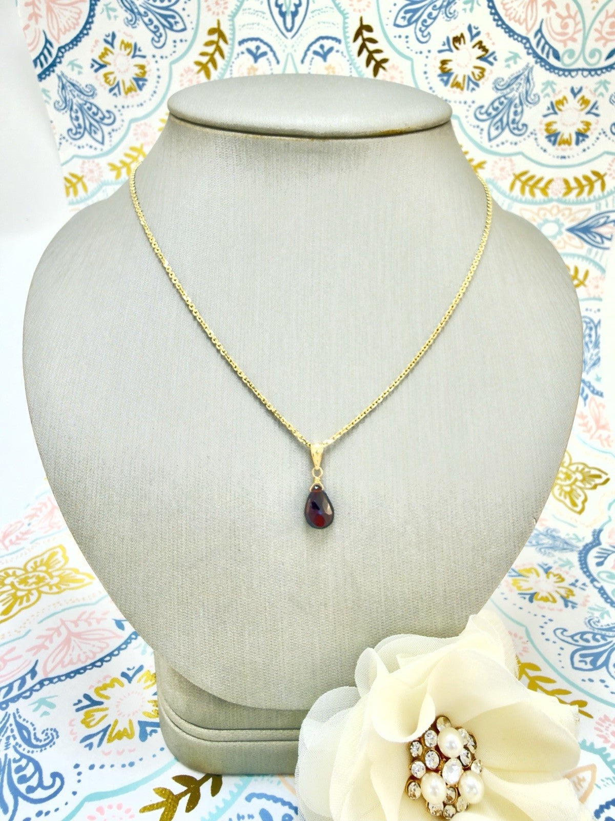 14k Yellow Gold Genuine Garnet Drop Pendant, 0.75" New
