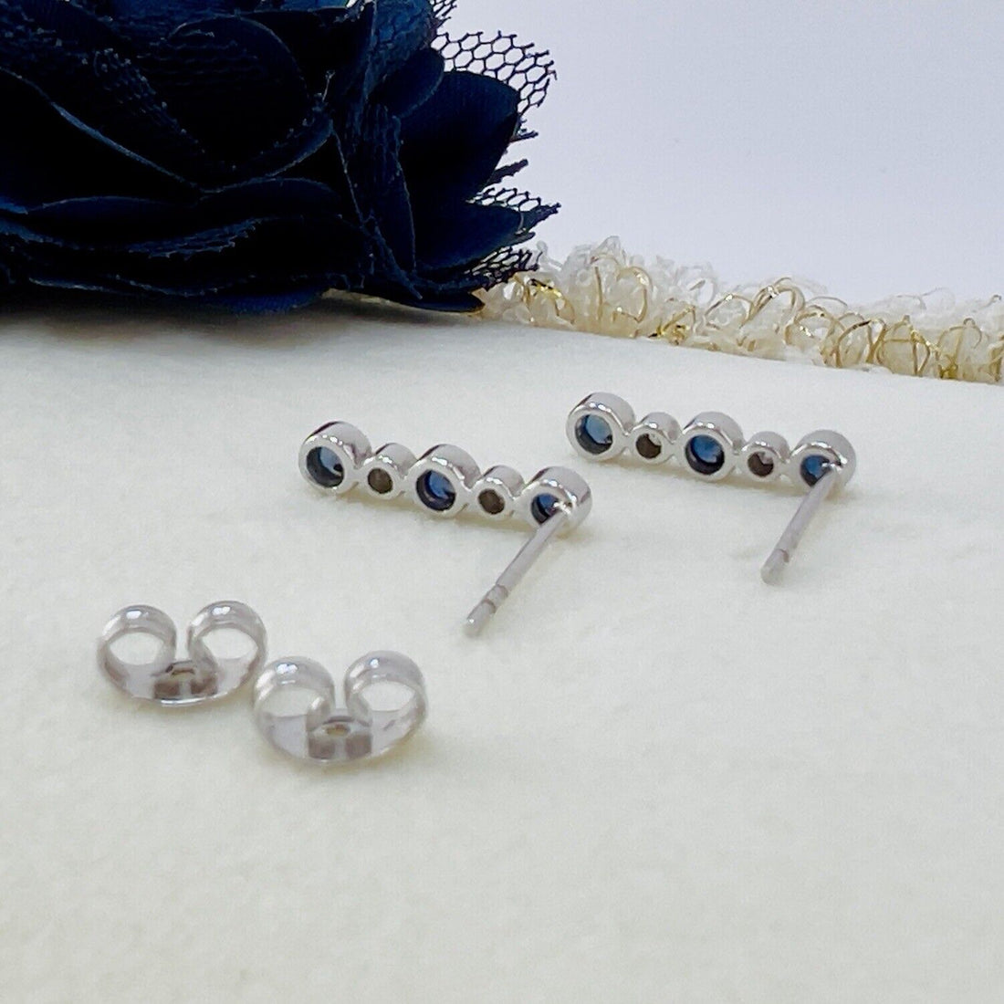 Solid 14k White Gold Genuine Sapphire & Diamond Stud Earrings, New