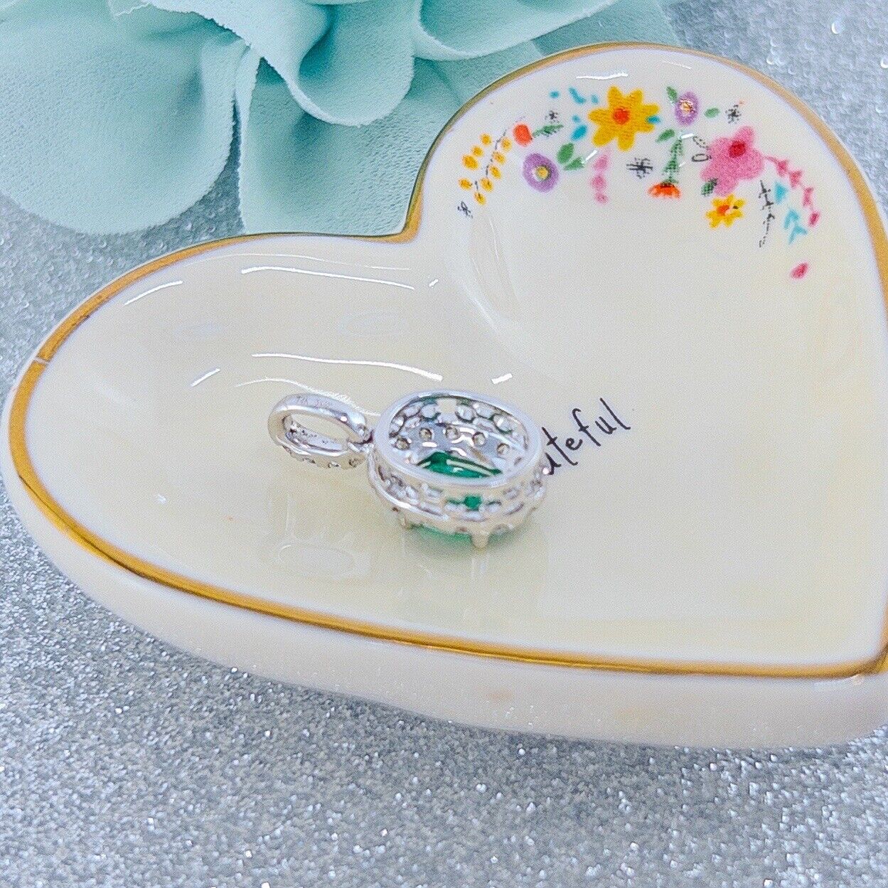 Solid 14k White Gold Genuine Colombian Emerald & Diamond Oval Pendant, New