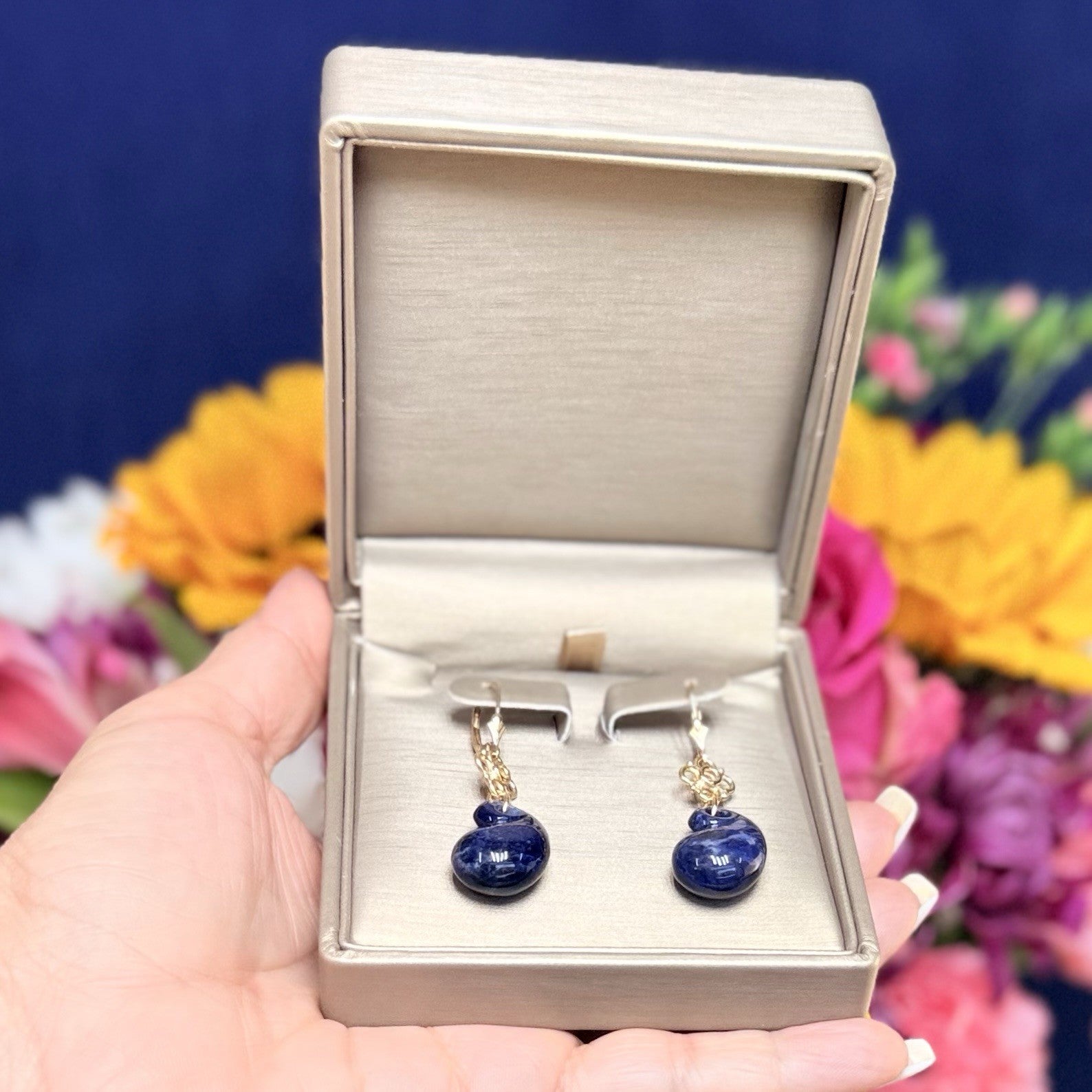 14k Yellow Gold Genuine Sodalite Drop Dangle Lever-back Earrings, New 1.87"
