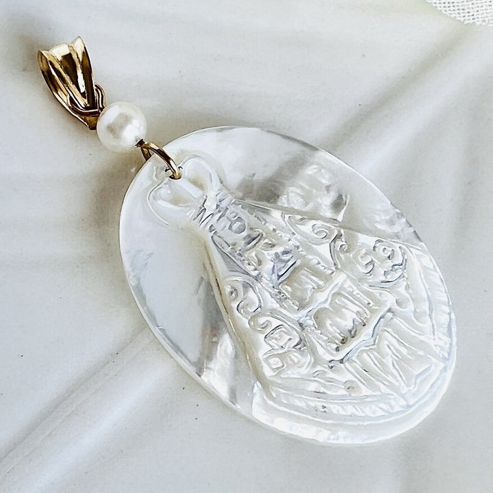 14k Yellow Gold Mother of Pearl Virgen de la Caridad del Cobre Pendant, New