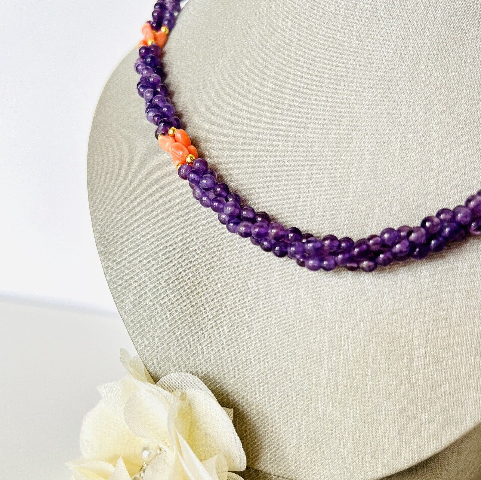 Vintage Beautiful Genuine Salmon Coral & Amethyst Woven Rope Necklace 18 inches