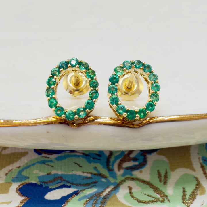 10k Yellow Gold Genuine Emerald Oval Stud Screwback Earrings, New