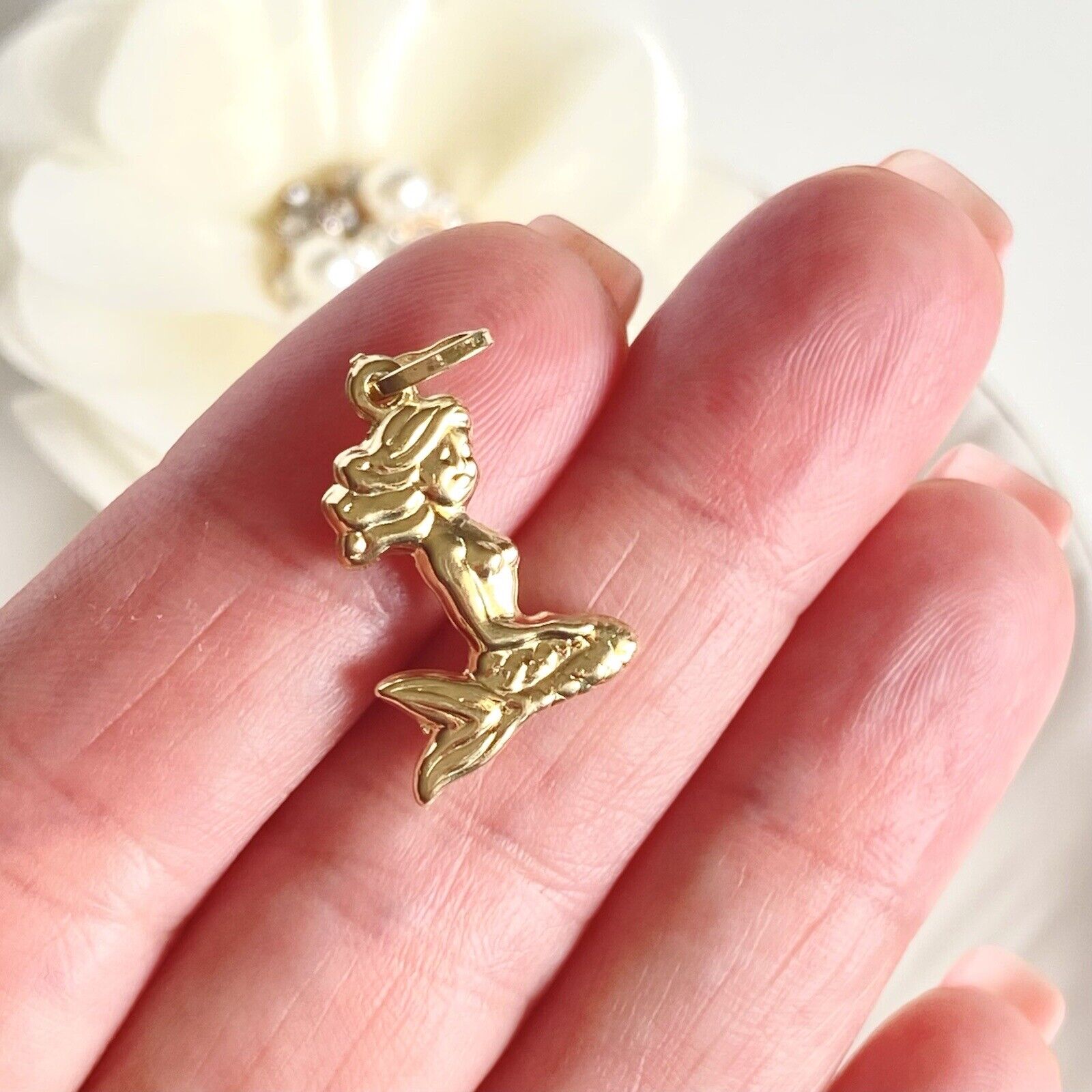 Adorable 14k Yellow Gold Puffy 3D Mermaid Pendant, New, 1.08"