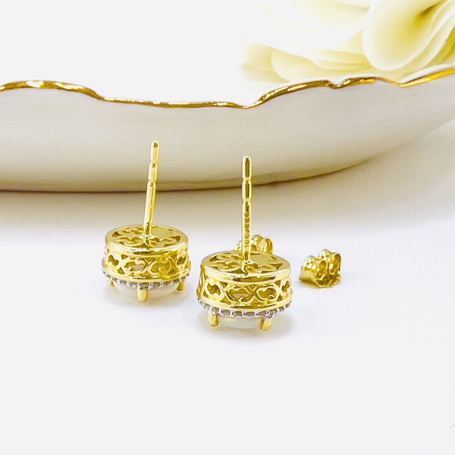 Solid 10k Yellow Gold Lab-Created Opals & Genuine Diamond Stud Earrings, New