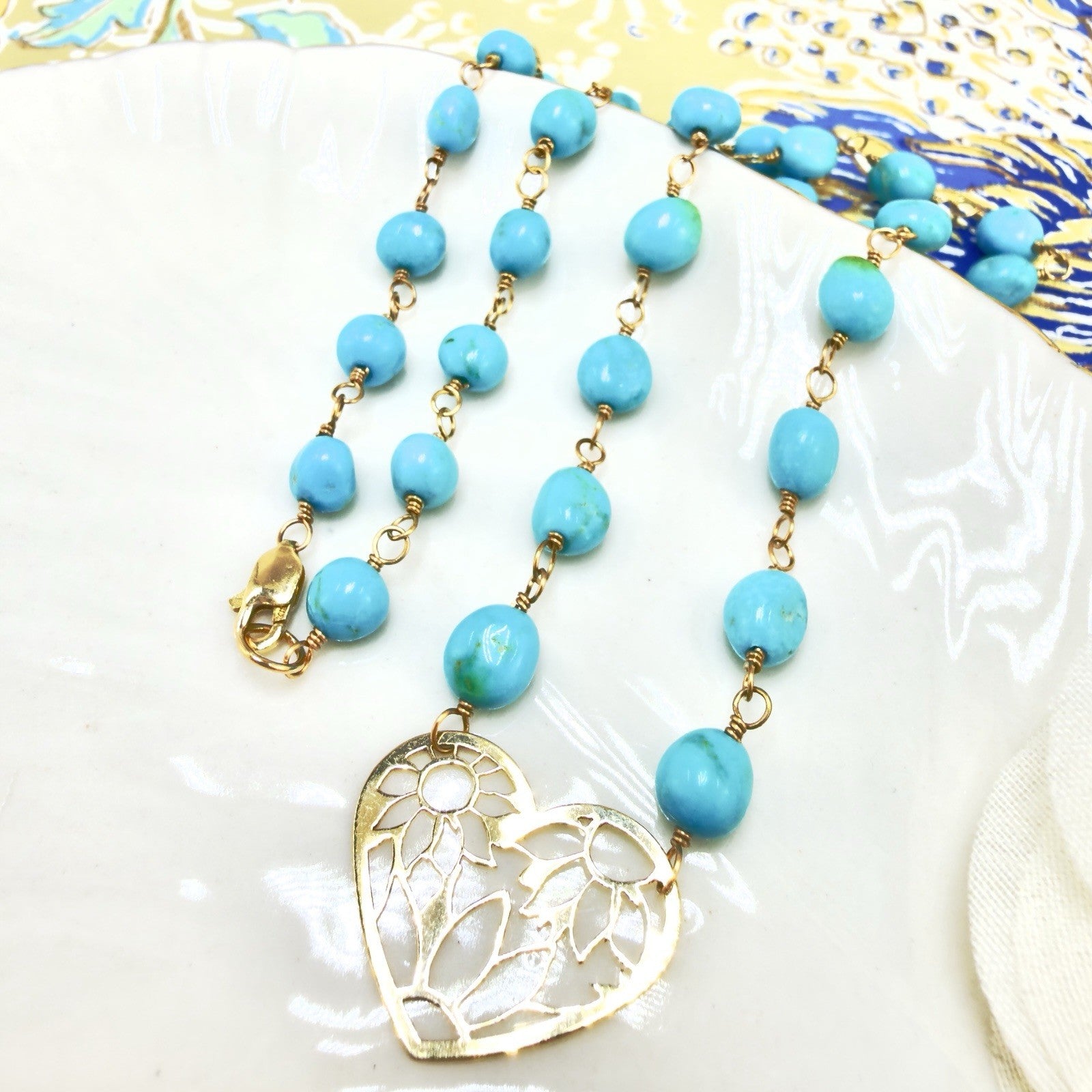 14k Sleeping Beauty Turquoise with Pierce-Work Heart Pendant Necklace, 18.25"