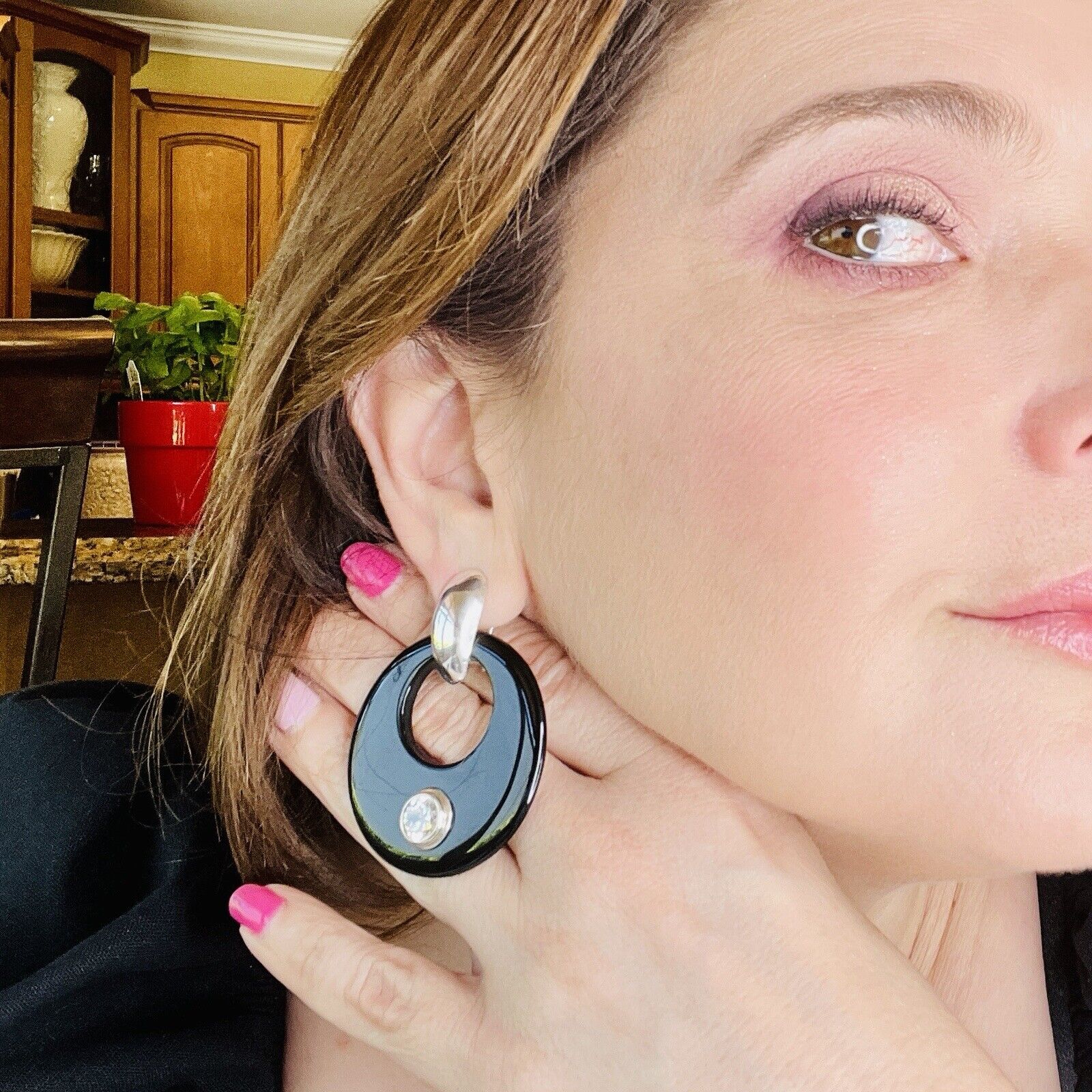 Vintage Sterling Silver Onyx & Cubic Zirconia Round Hoop Omega Dangle Earrings