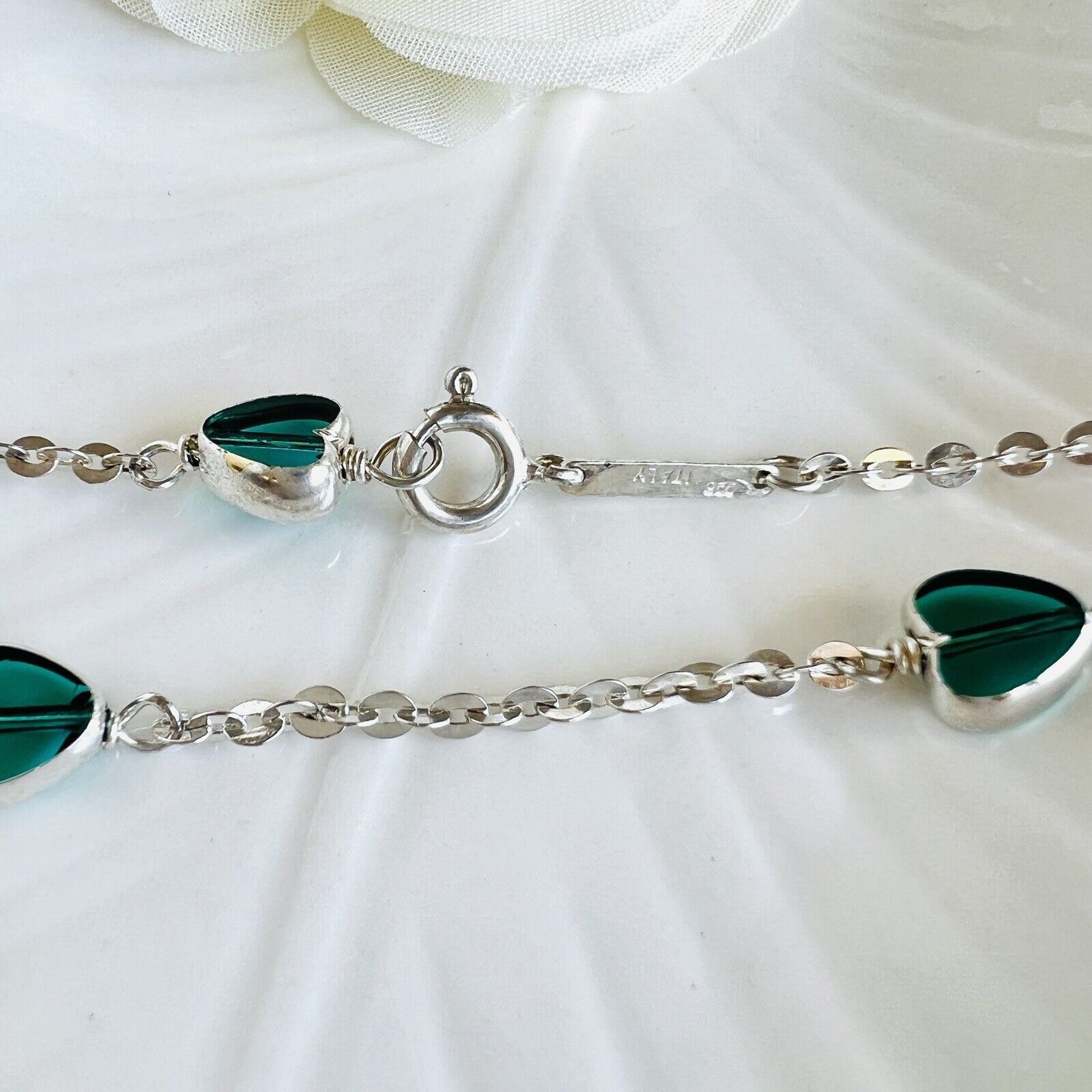 Vintage Sterling Silver Green Crystal Heart Station Necklace, New 15.5"