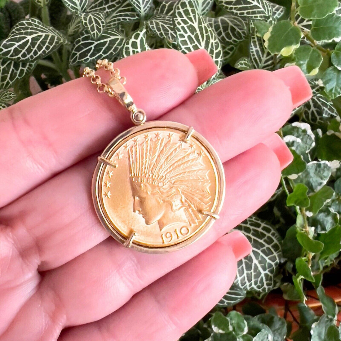 Genuine 1910 US Indian Head 10 Dollar Eagle Gold Coin With 14k Pendant Frame